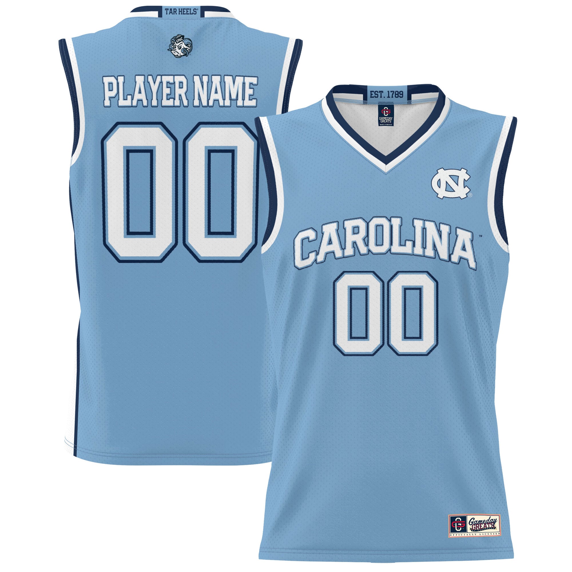 North Carolina Tar Heels Youth Lightweight Men's Basketball Jersey Light Blue - front and back view