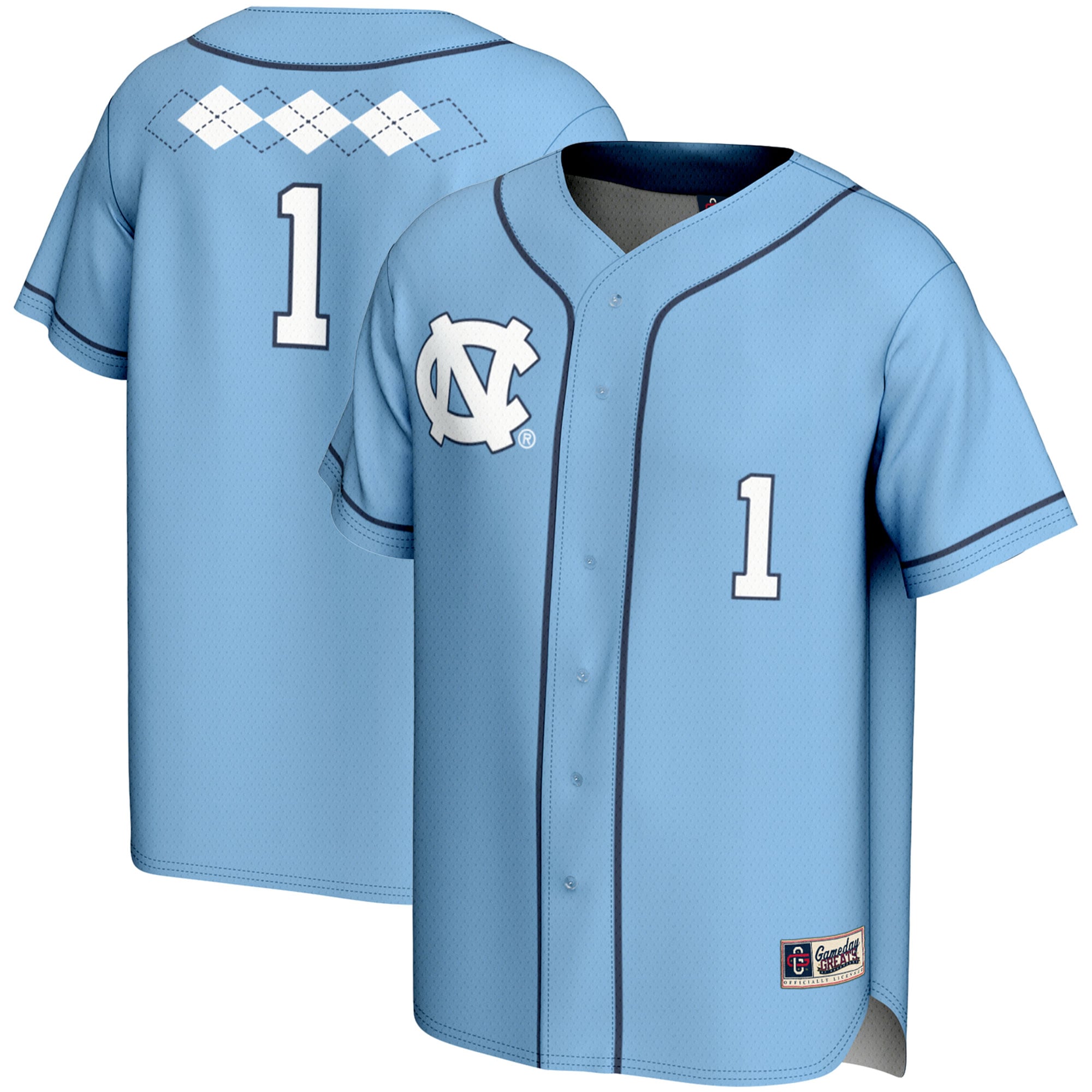 #1 North Carolina Tar Heels Youth Lightweight Softball Jersey Carolina Blue - front and back view
