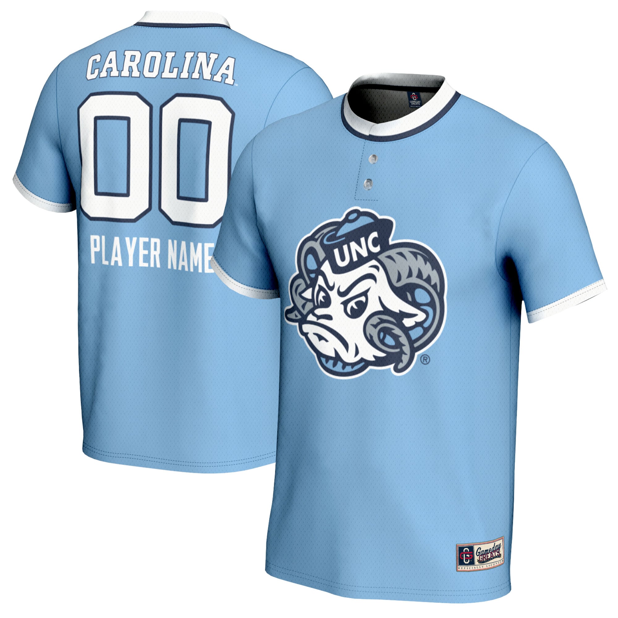 North Carolina Tar Heels Youth Lightweight Softball Mascot Jersey Carolina - front and back view
