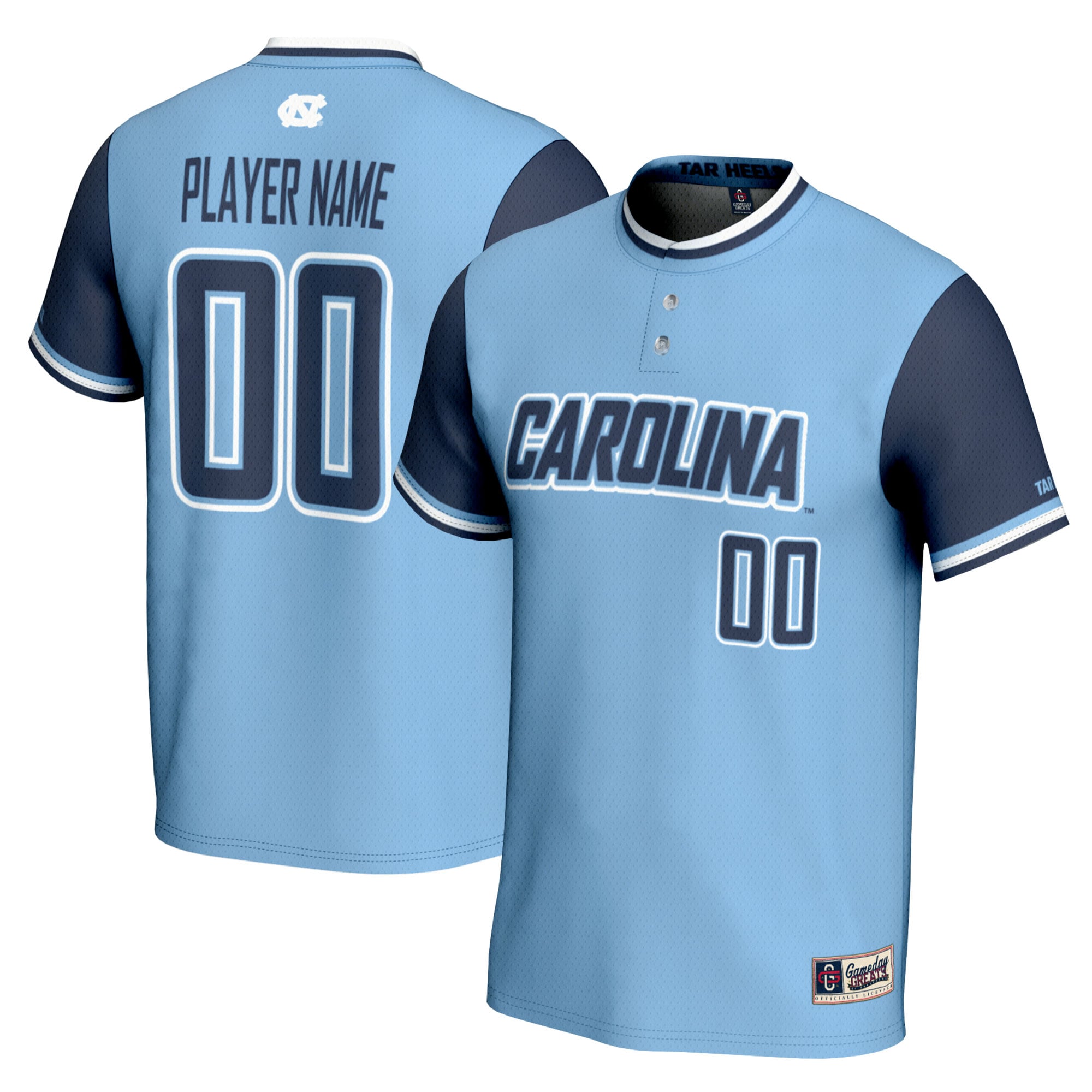 North Carolina Tar Heels Youth Softball Lightweight Jersey Carolina Blue - front and back view