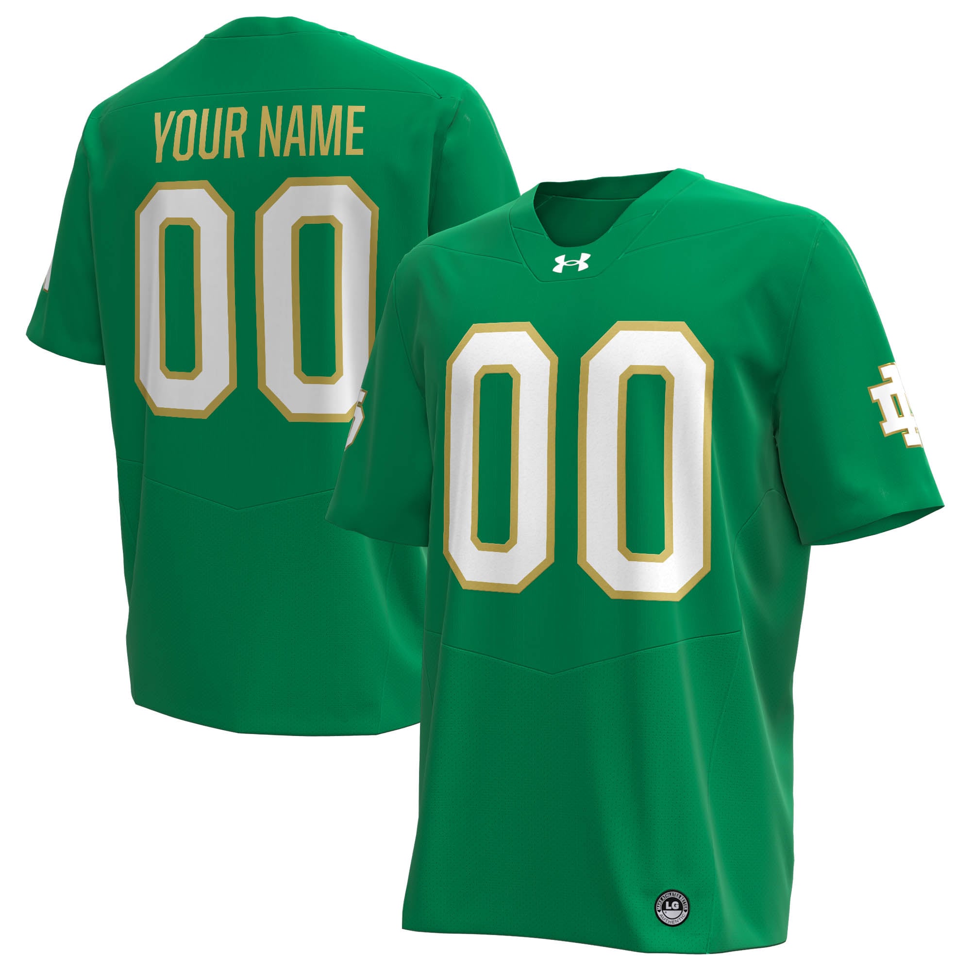 Notre Dame Fighting Irish Custom Football Jersey Kelly Green - front and back view