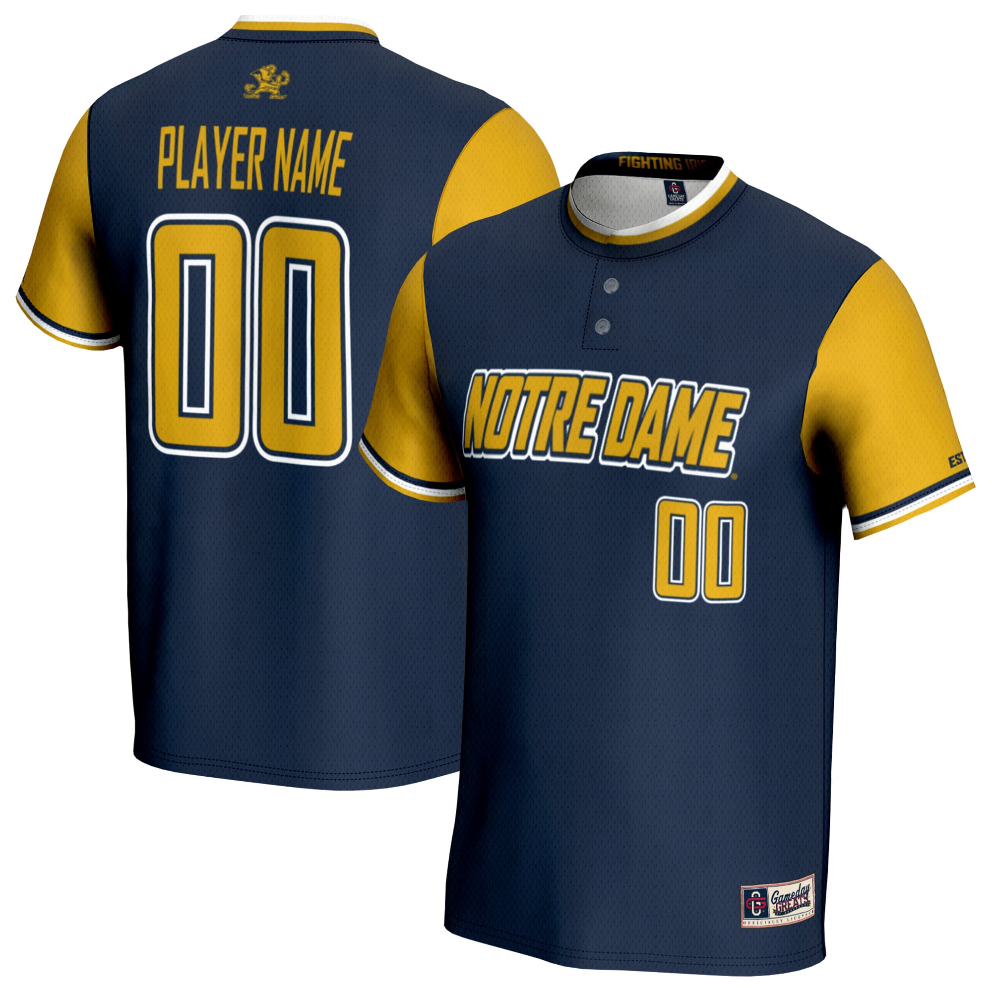 Notre Dame Fighting Irish Unisex Lightweight Softball Jersey Navy - front and back view