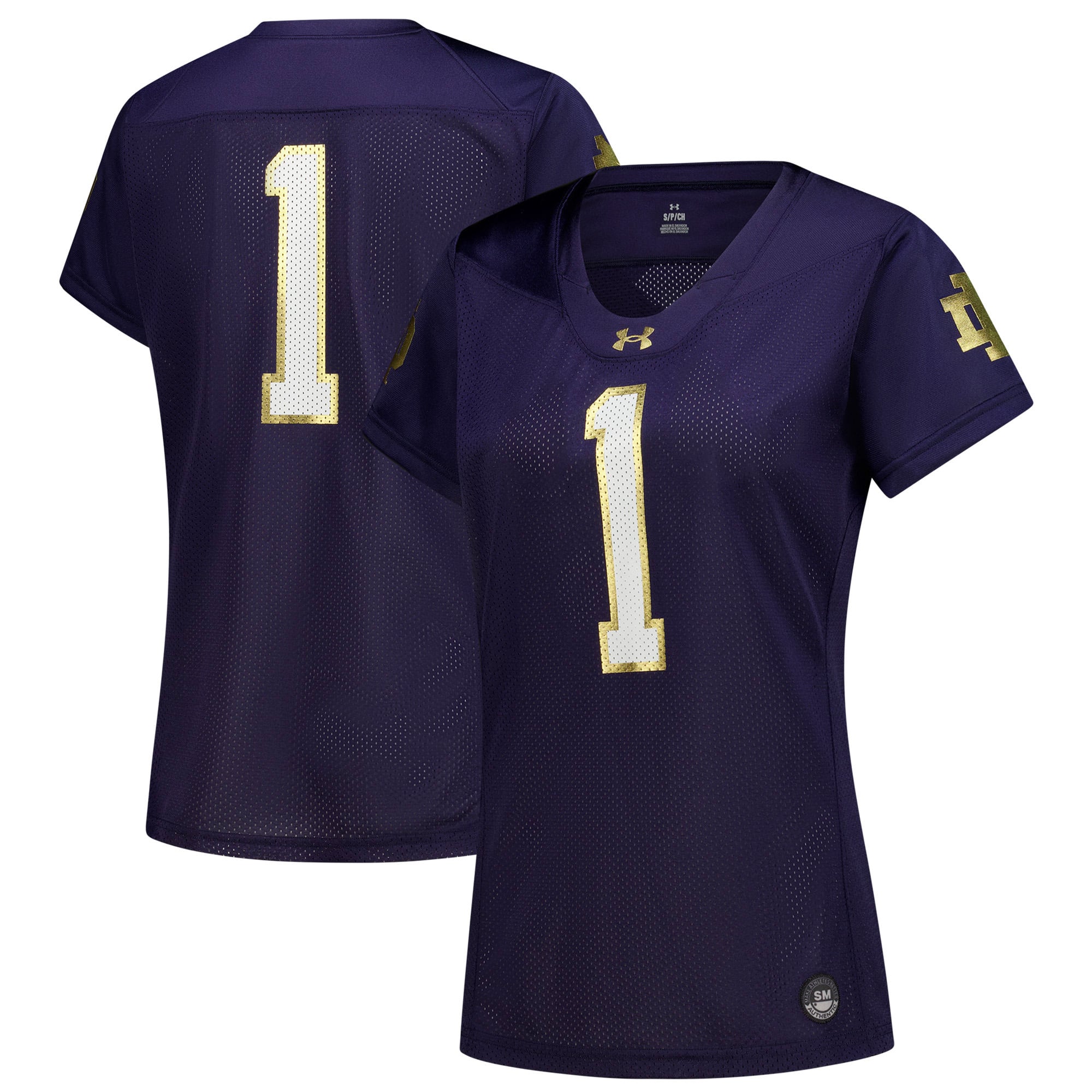 Notre Dame Fighting Irish Women's #1 Football Jersey Navy - front and back view
