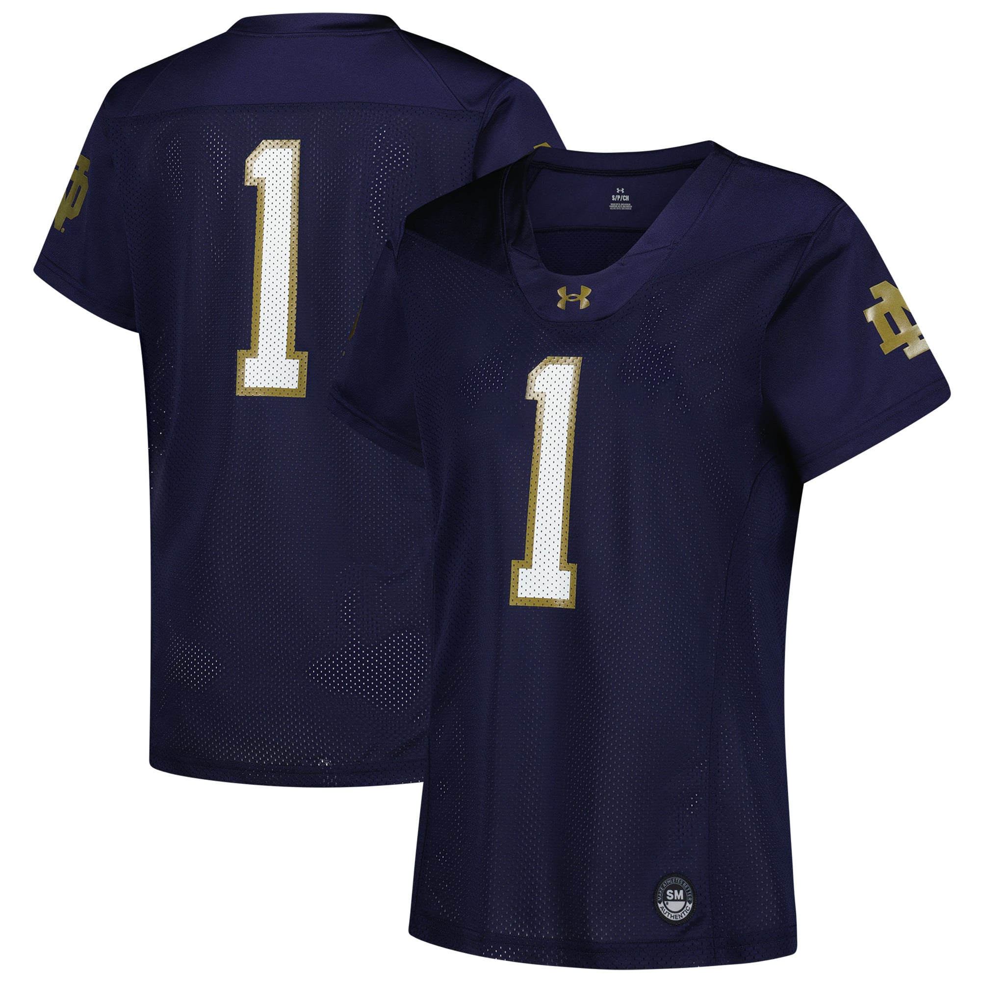 #1 Notre Dame Fighting Irish Women's Football Jersey Navy - front and back view