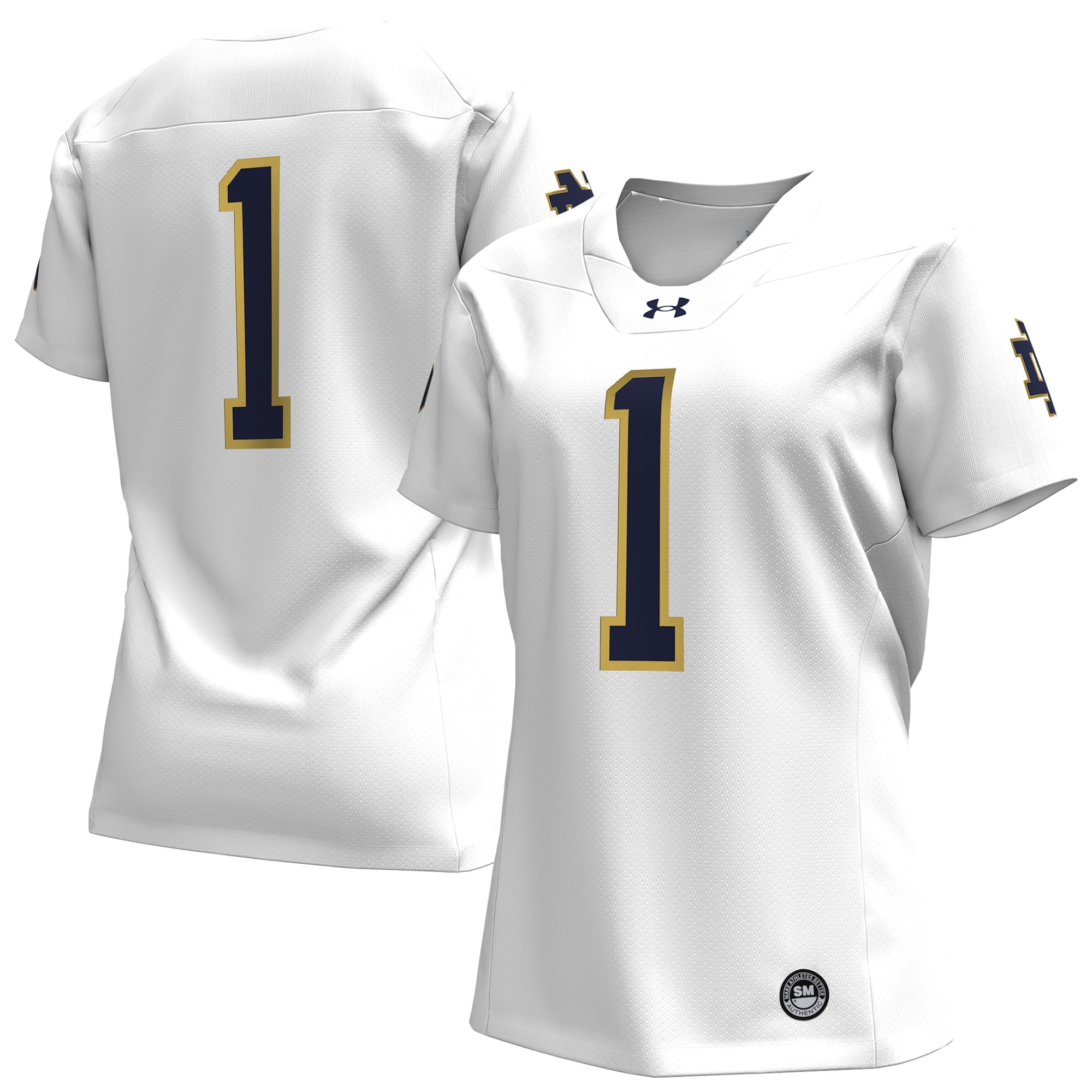 #1 Notre Dame Fighting Irish Women's Football Jersey White - front and back view