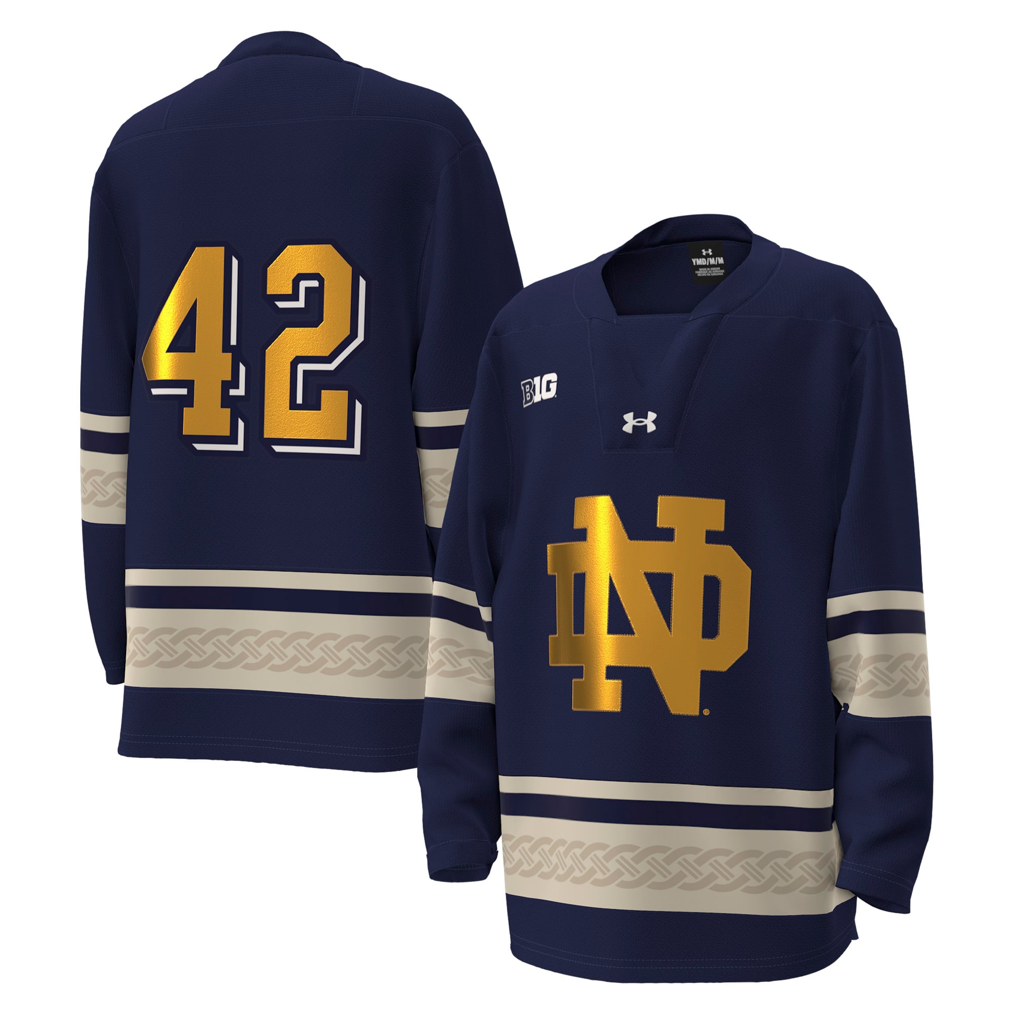 #42 Notre Dame Fighting Irish Youth Alternate Hockey Jersey Navy - front and back view