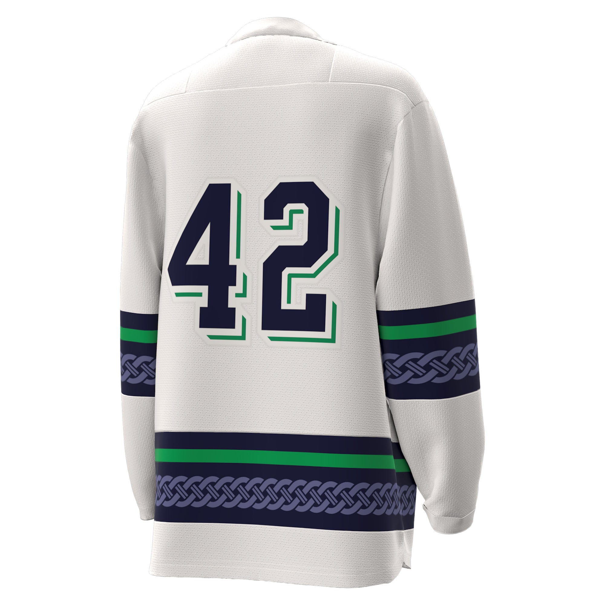 #42 Notre Dame Fighting Irish Youth Alternate Leprechaun Hockey Jersey White - back view
