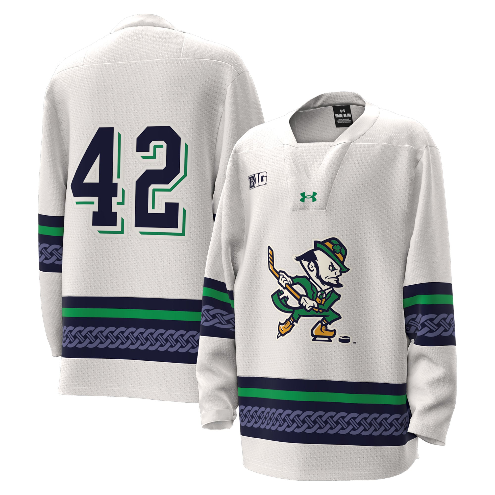 #42 Notre Dame Fighting Irish Youth Alternate Leprechaun Hockey Jersey White - front and back view