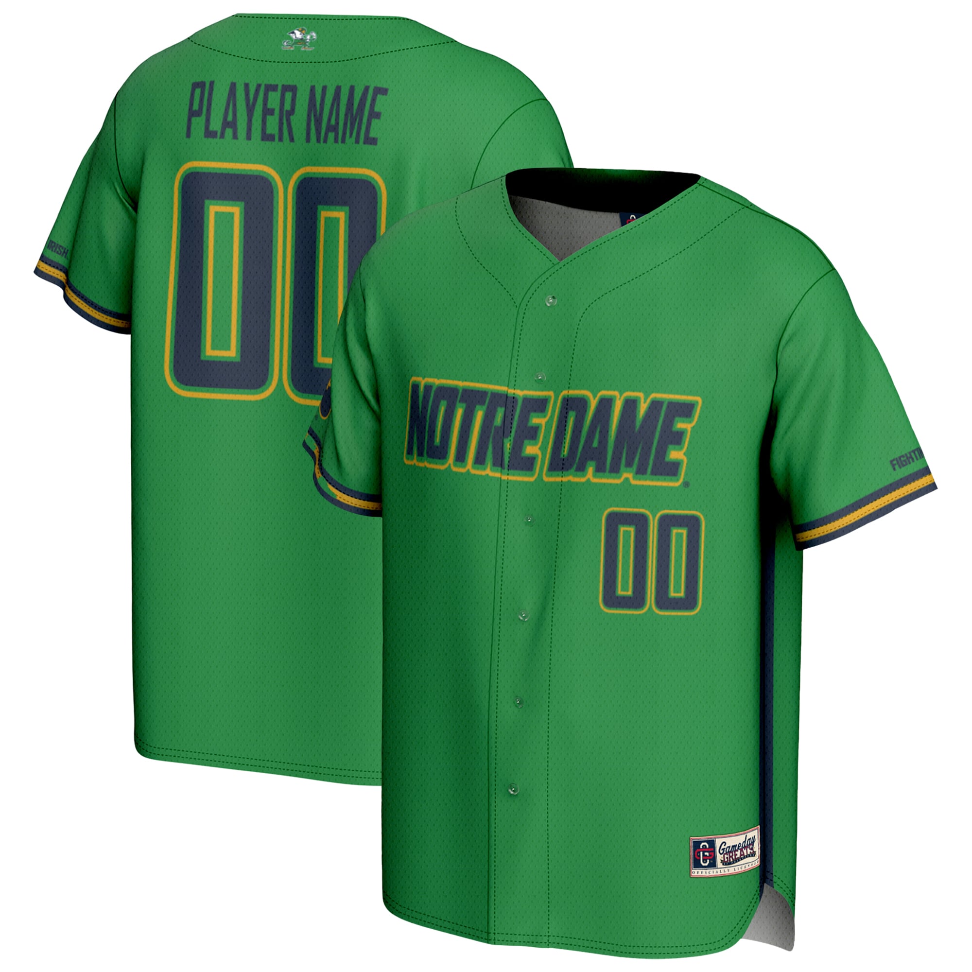Notre Dame Fighting Irish Youth Baseball Lightweight Jersey Green - front and back view