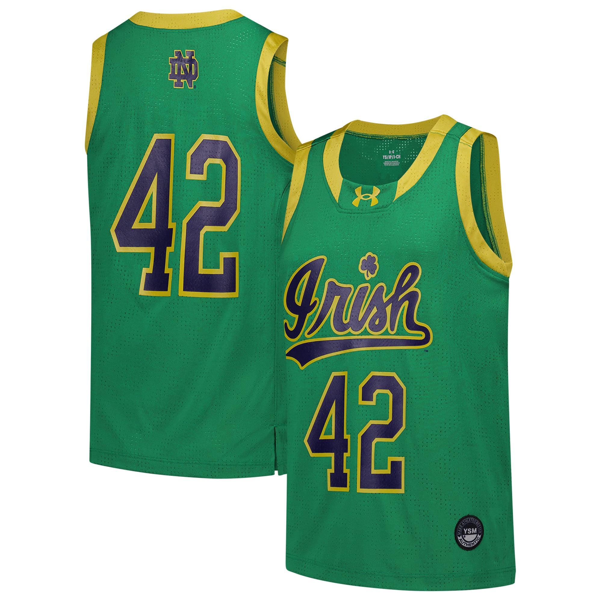 #42 Notre Dame Fighting Irish Youth Basketball Jersey Green - front and back view