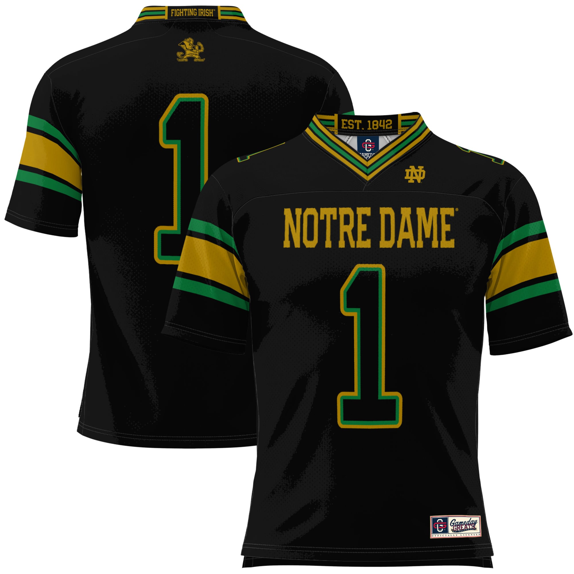 #1 Notre Dame Fighting Irish Youth Football Jersey Black - front and back view