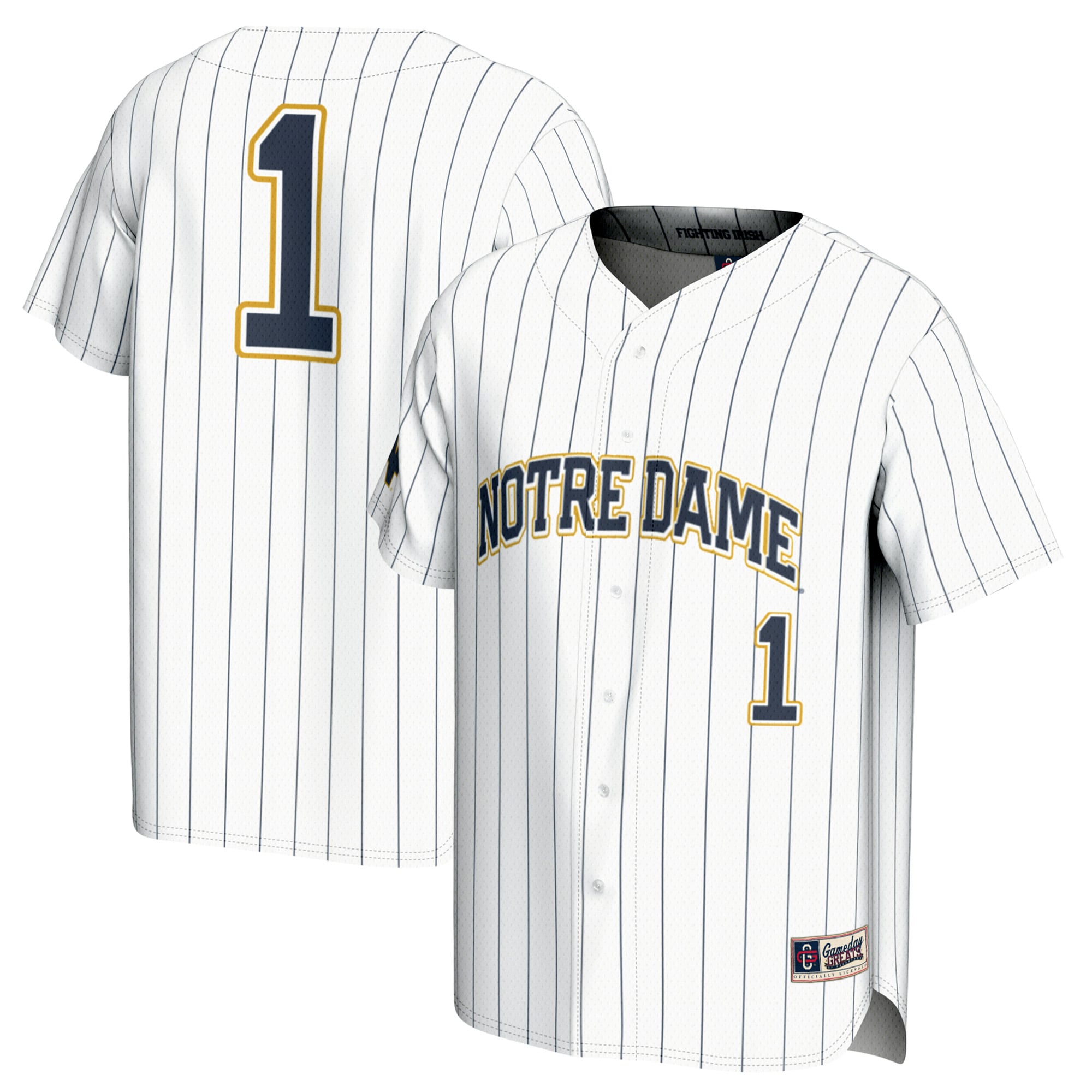 #1 Notre Dame Fighting Irish Youth Lightweight Baseball Jersey White - front and back view