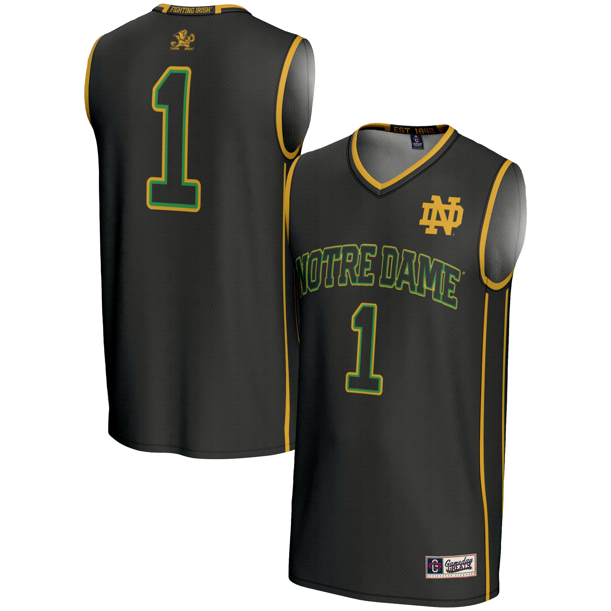 #1 Notre Dame Fighting Irish Youth Lightweight Basketball Jersey Black - front and back view
