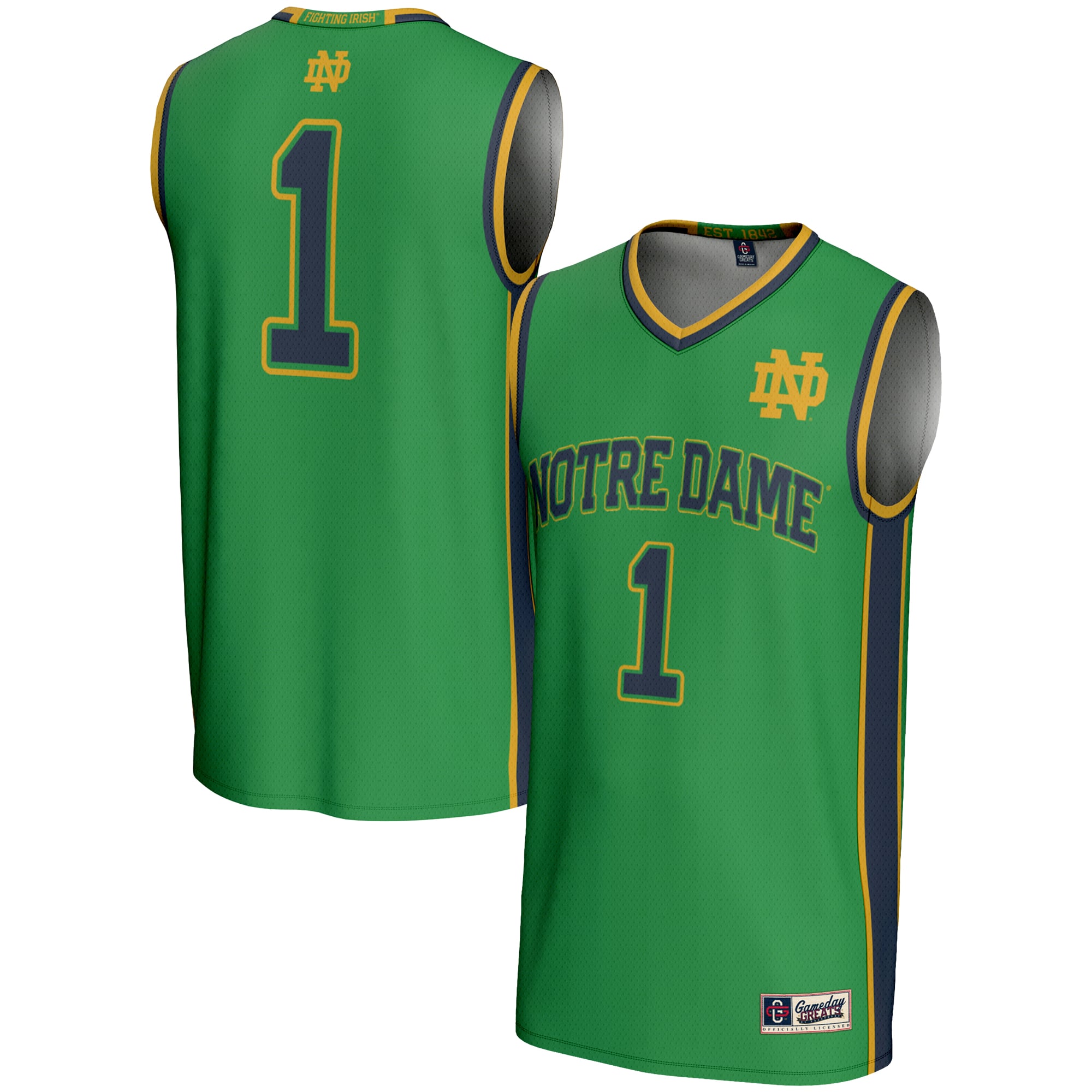#1 Notre Dame Fighting Irish Youth Lightweight Basketball Jersey Green - front and back view