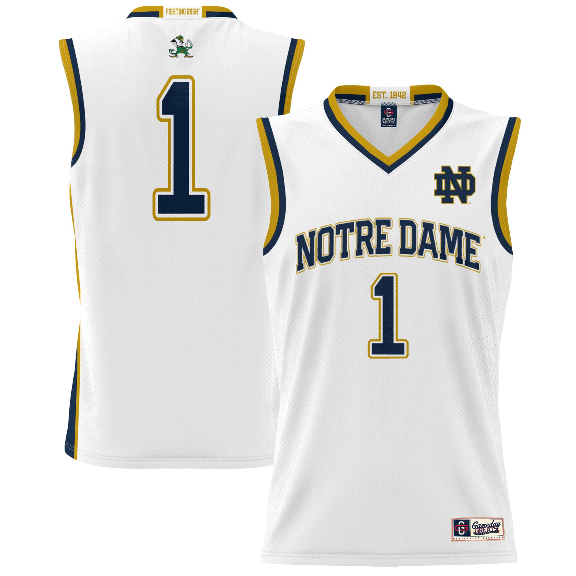 #1 Notre Dame Fighting Irish Youth Lightweight Basketball Jersey White - front and back view