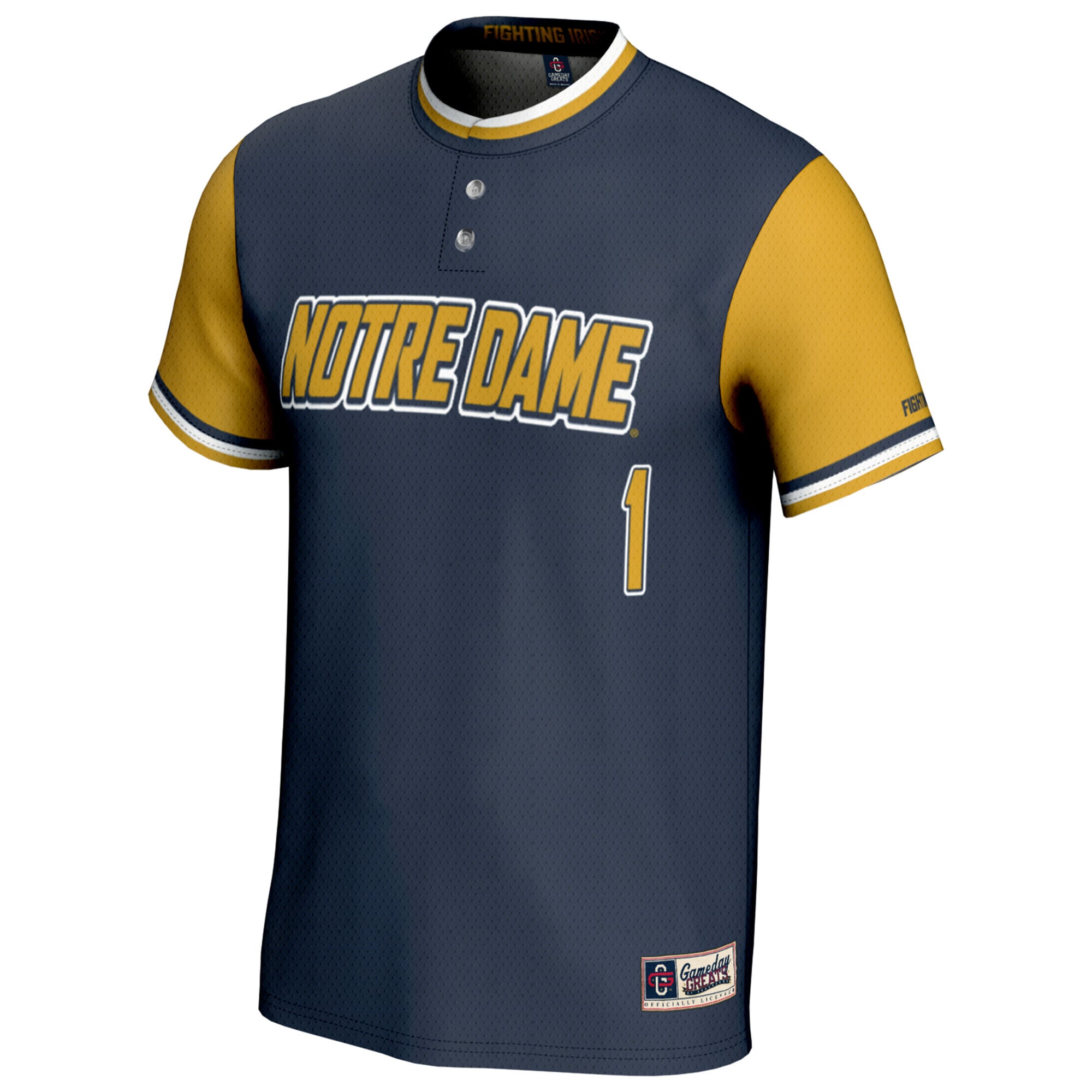 #1 Notre Dame Fighting Irish Youth Softball Lightweight Fashion Jersey Navy/Gold - front view