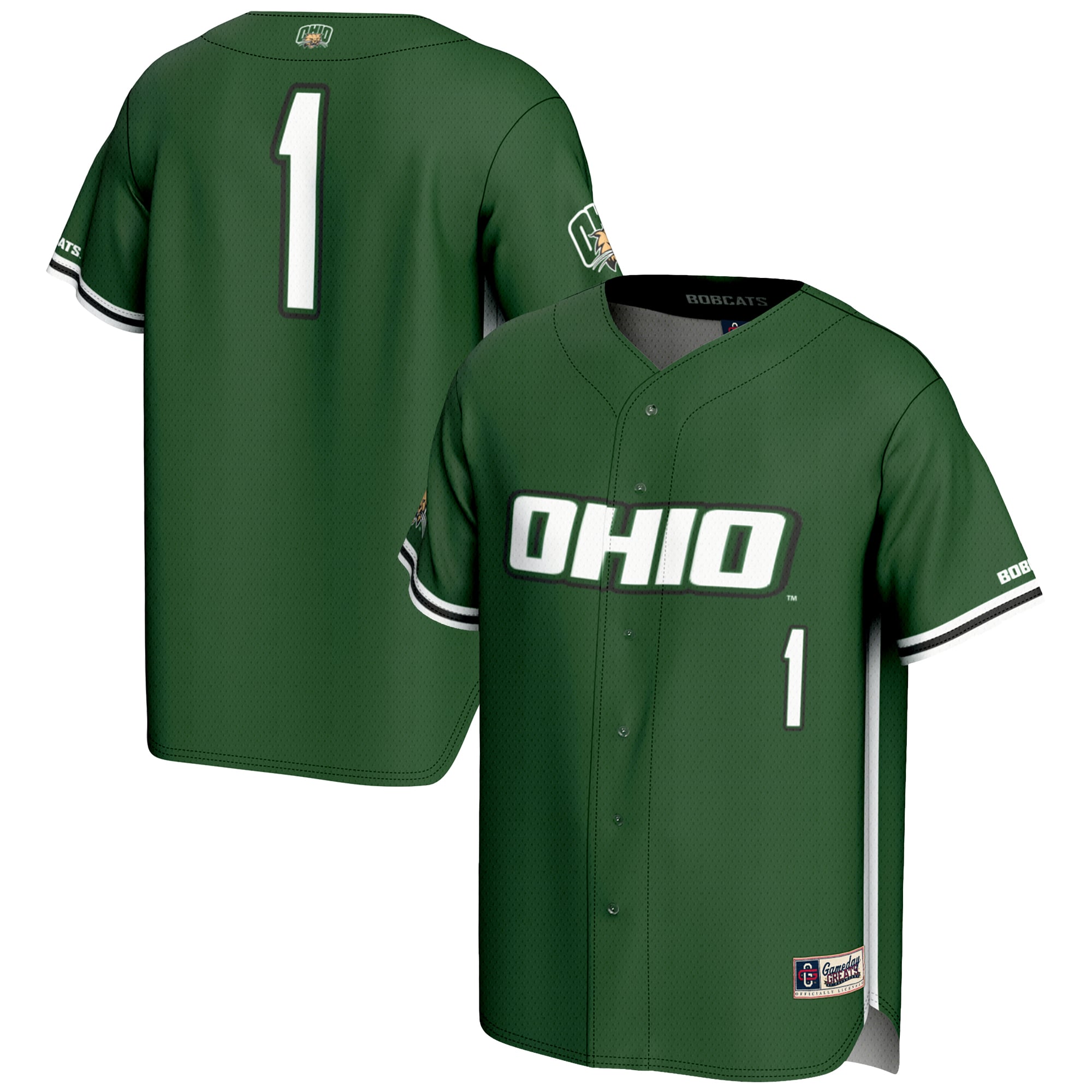 #1 Ohio Bobcats Youth Lightweight Baseball Jersey Green - front and back view