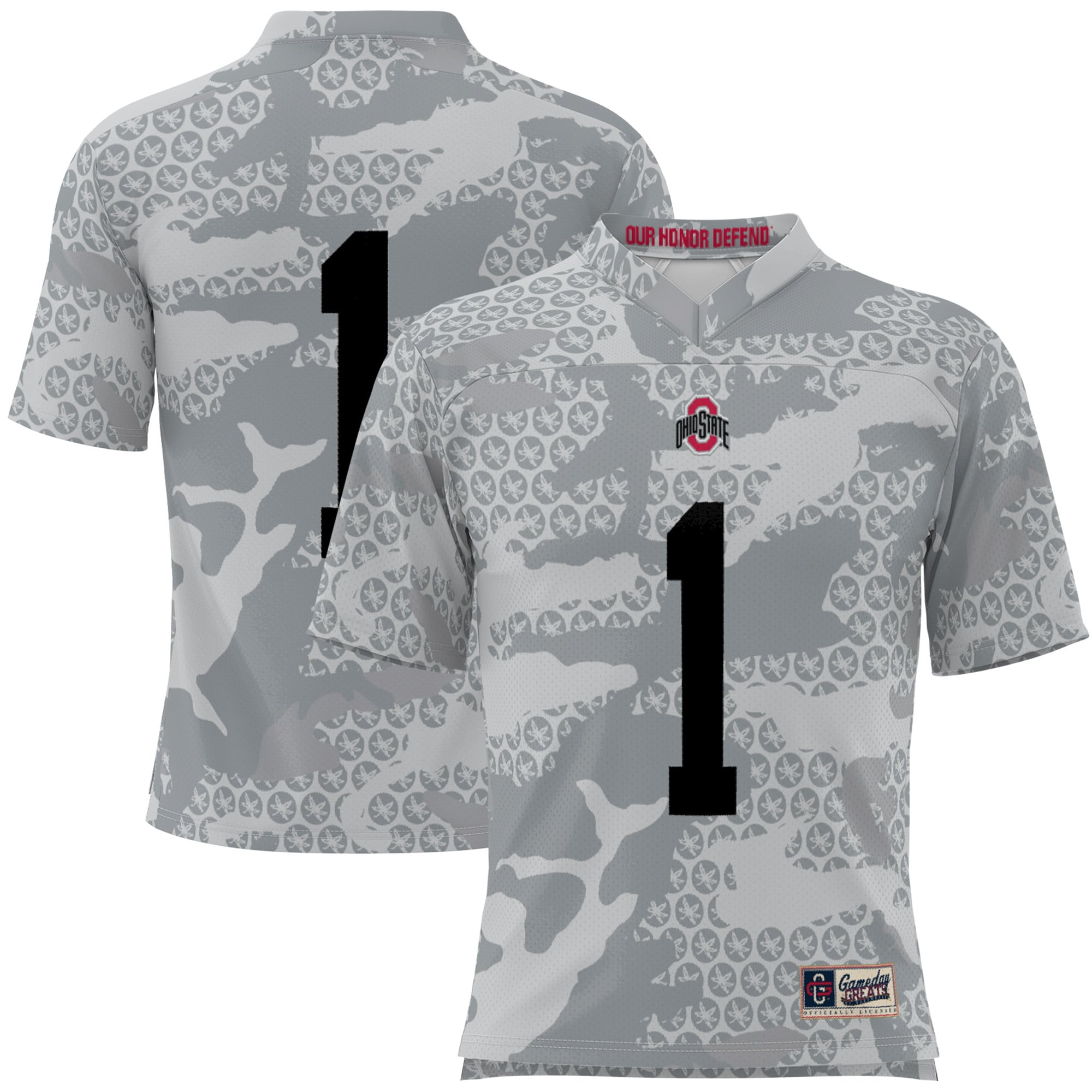 #1 Ohio State Buckeyes Youth Camo Football Jersey Gray - front and back view