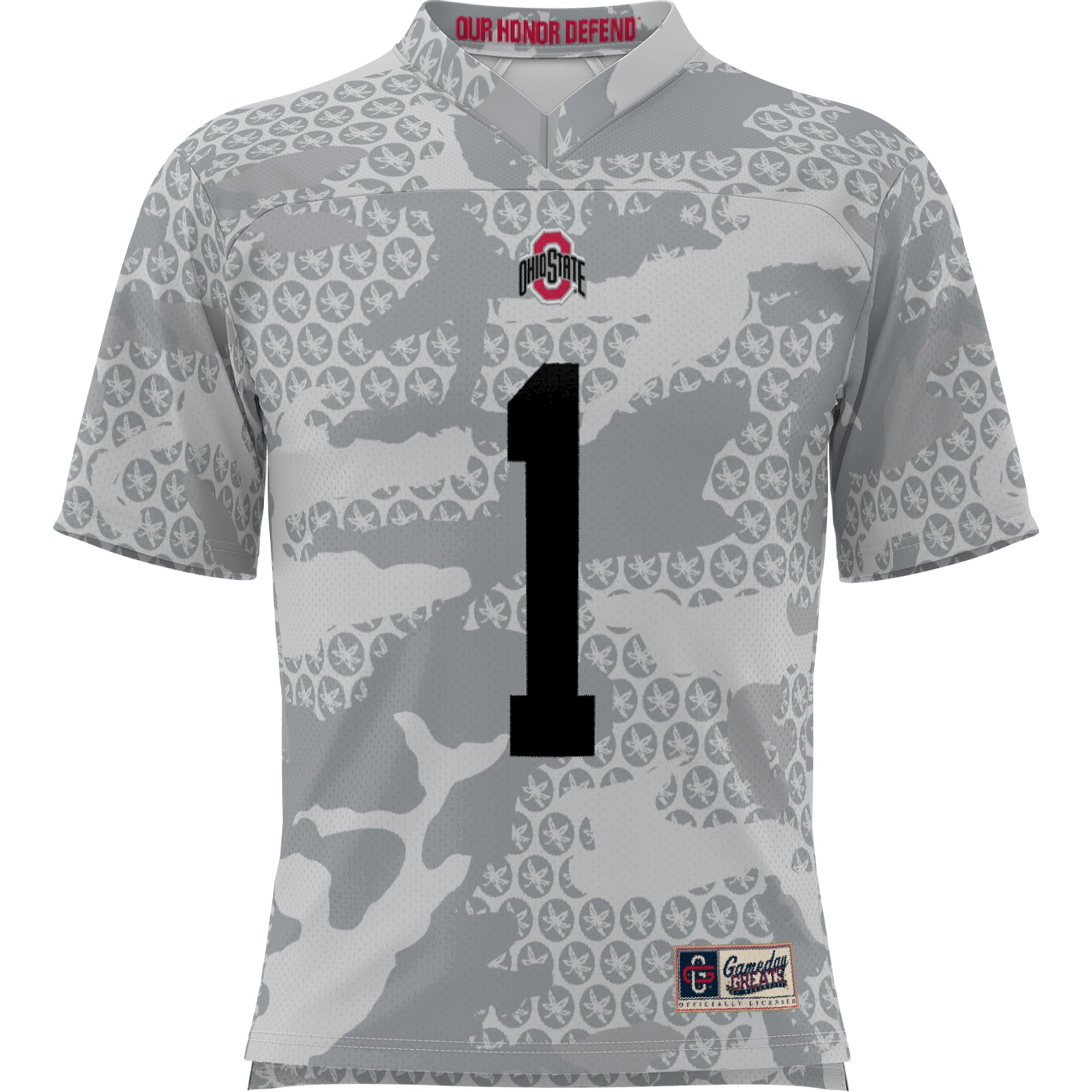 #1 Ohio State Buckeyes Youth Camo Football Jersey Gray - front view