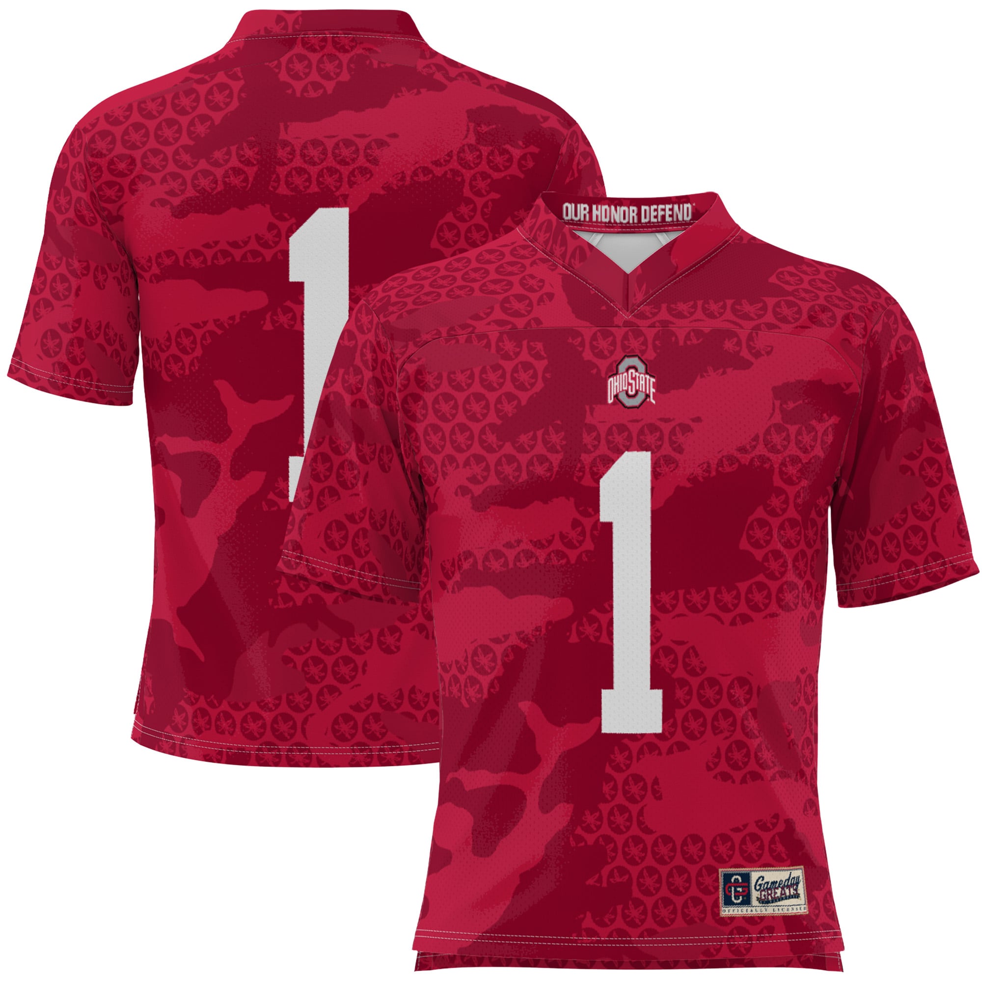 #1 Ohio State Buckeyes Camo Football Jersey Scarlet - front and back view