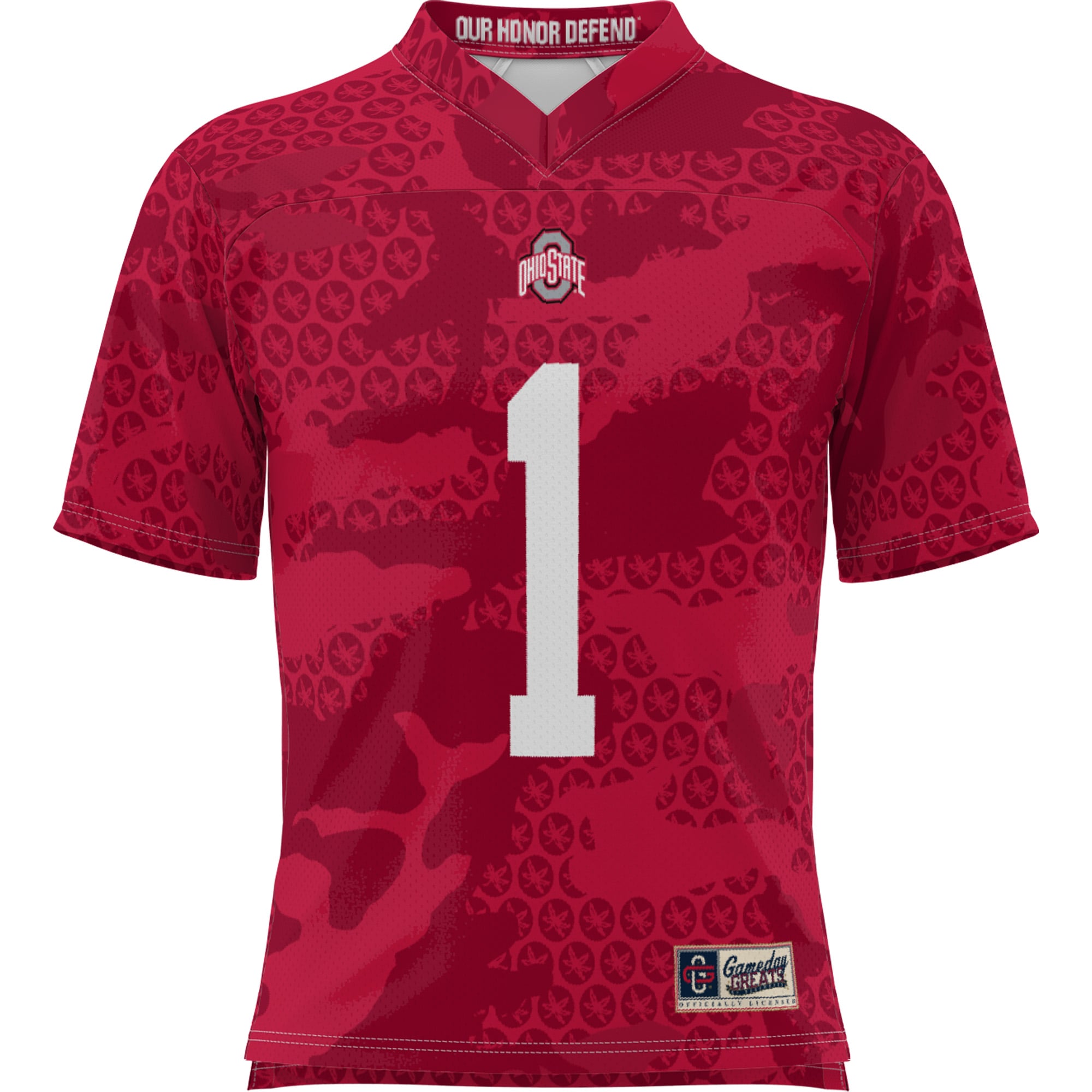 #1 Ohio State Buckeyes Youth Camo Football Jersey Scarlet - front view