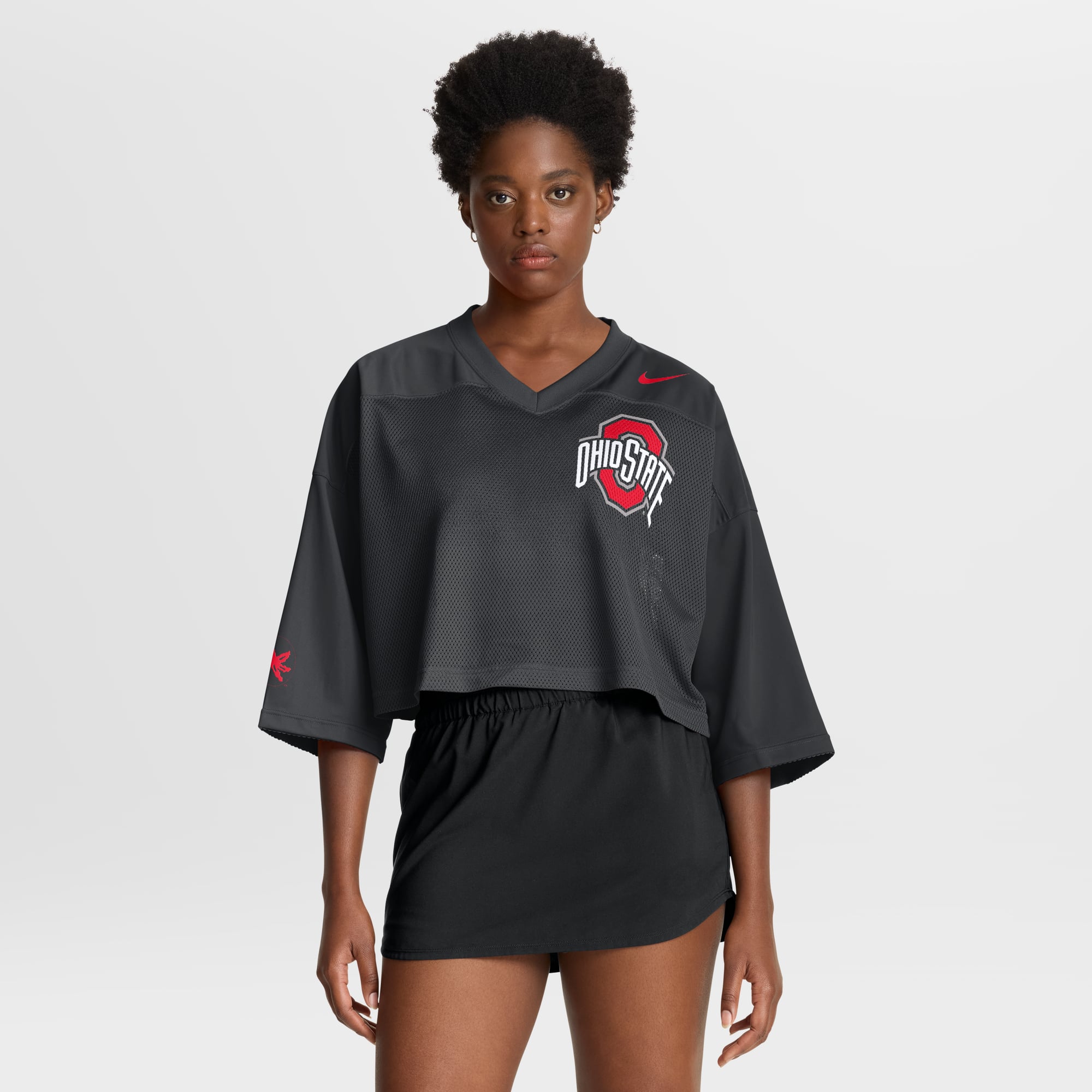 Ohio State Buckeyes Women's Cropped Mesh Fashion Jersey Black - front and back view