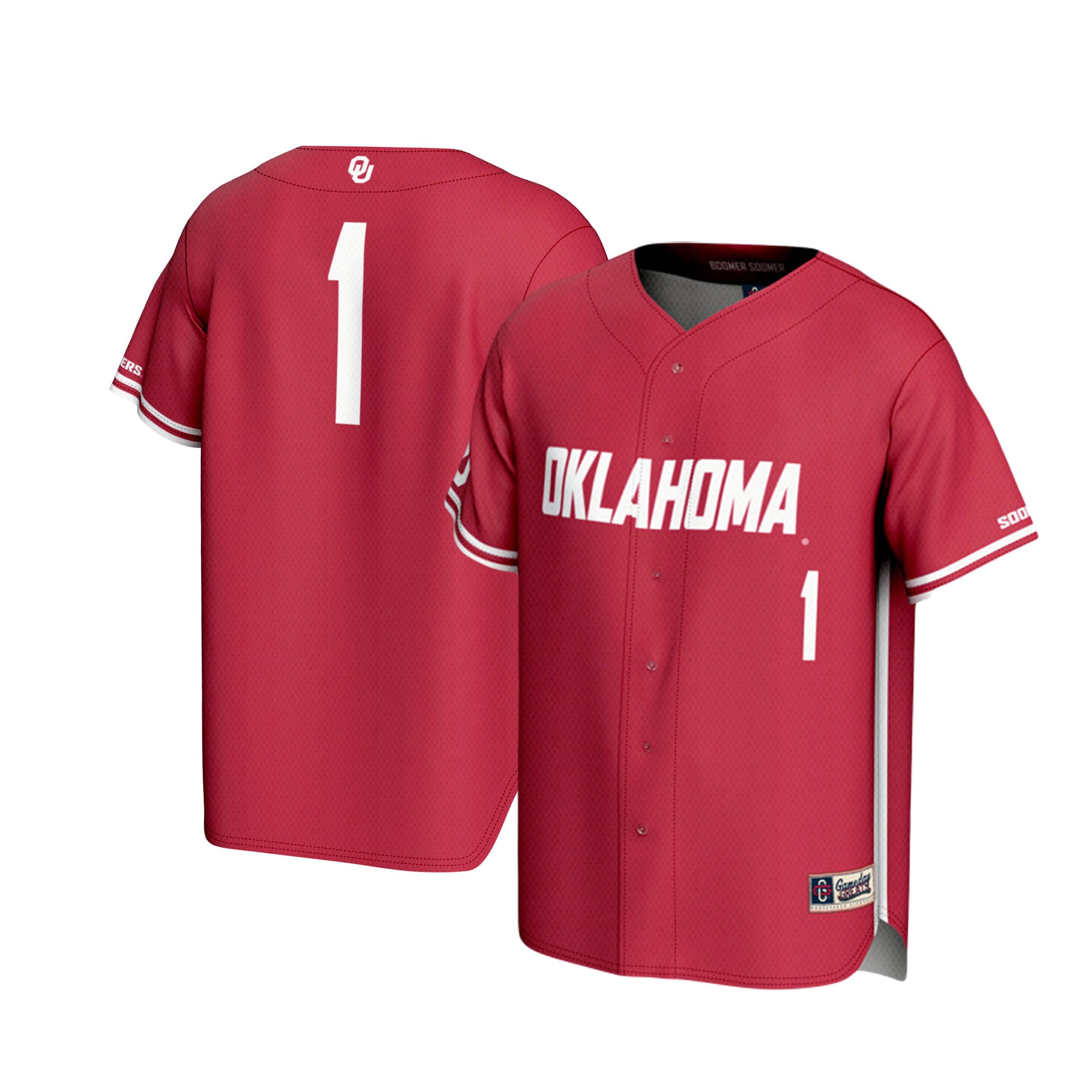 #1 Oklahoma Sooners Lightweight Baseball Jersey Crimson - front and back view