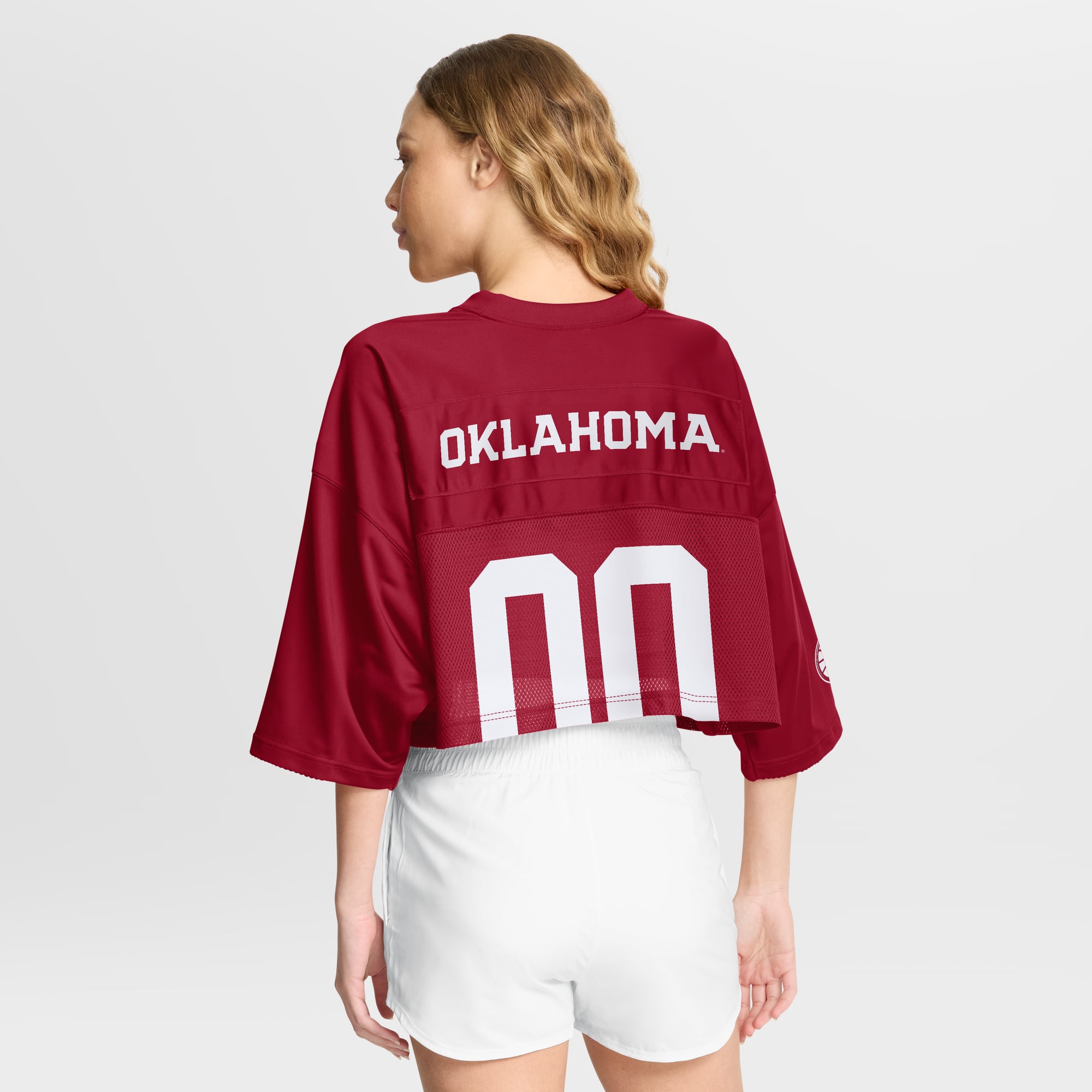 Oklahoma Sooners Women's Cropped Mesh Fashion Jersey Crimson - model back view