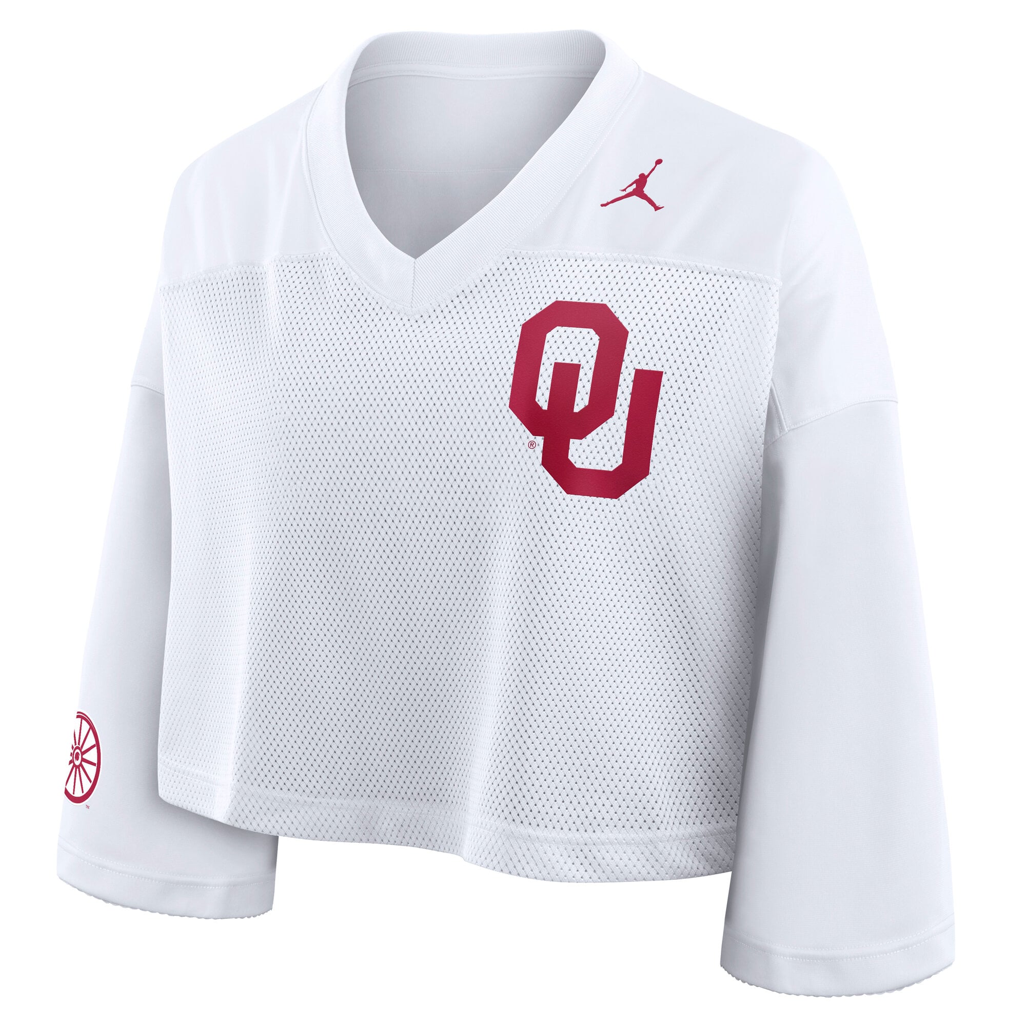 Oklahoma Sooners Women's Cropped Mesh Fashion Jersey White - model back view
