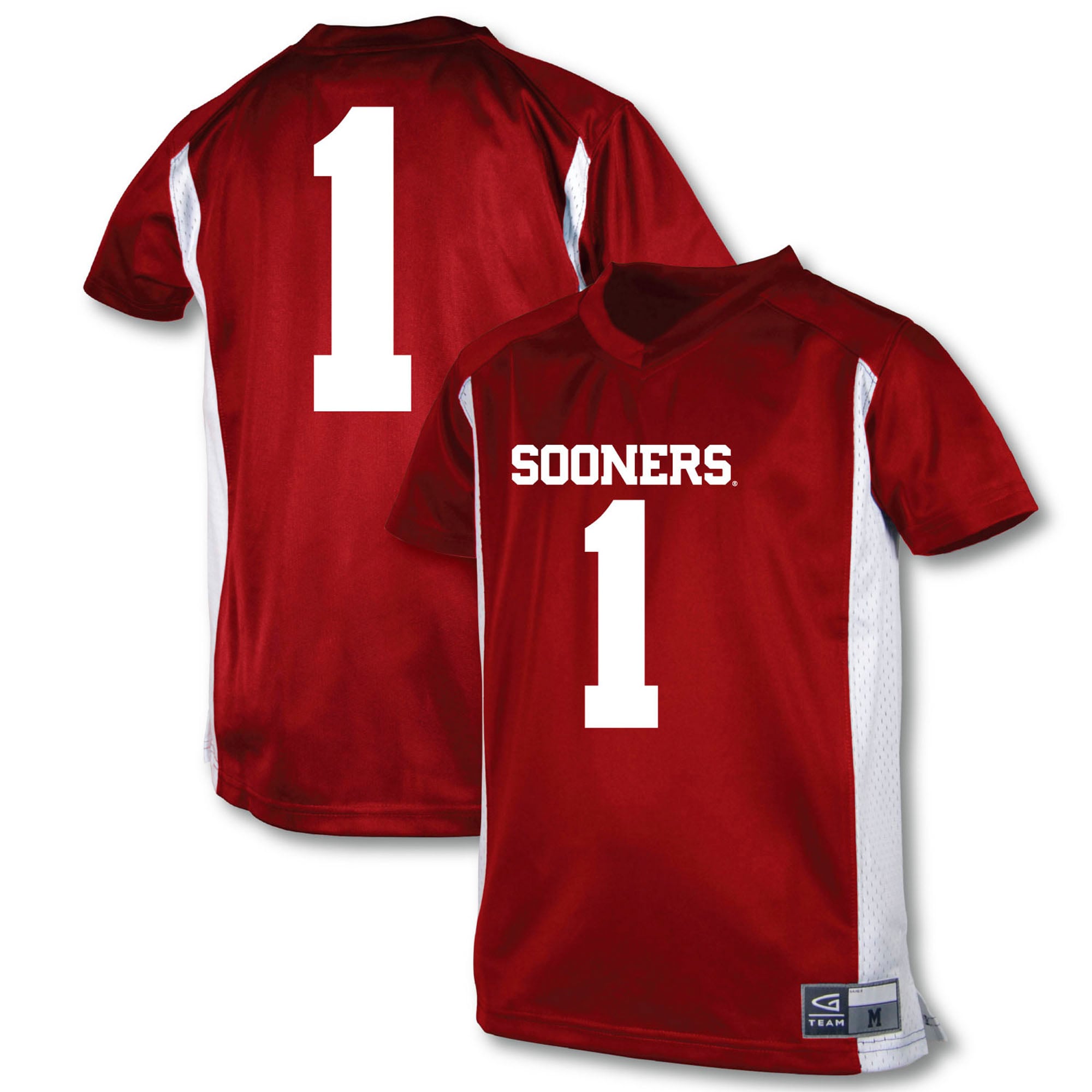 #1 Oklahoma Sooners Youth Football Jersey Crimson - front and back view