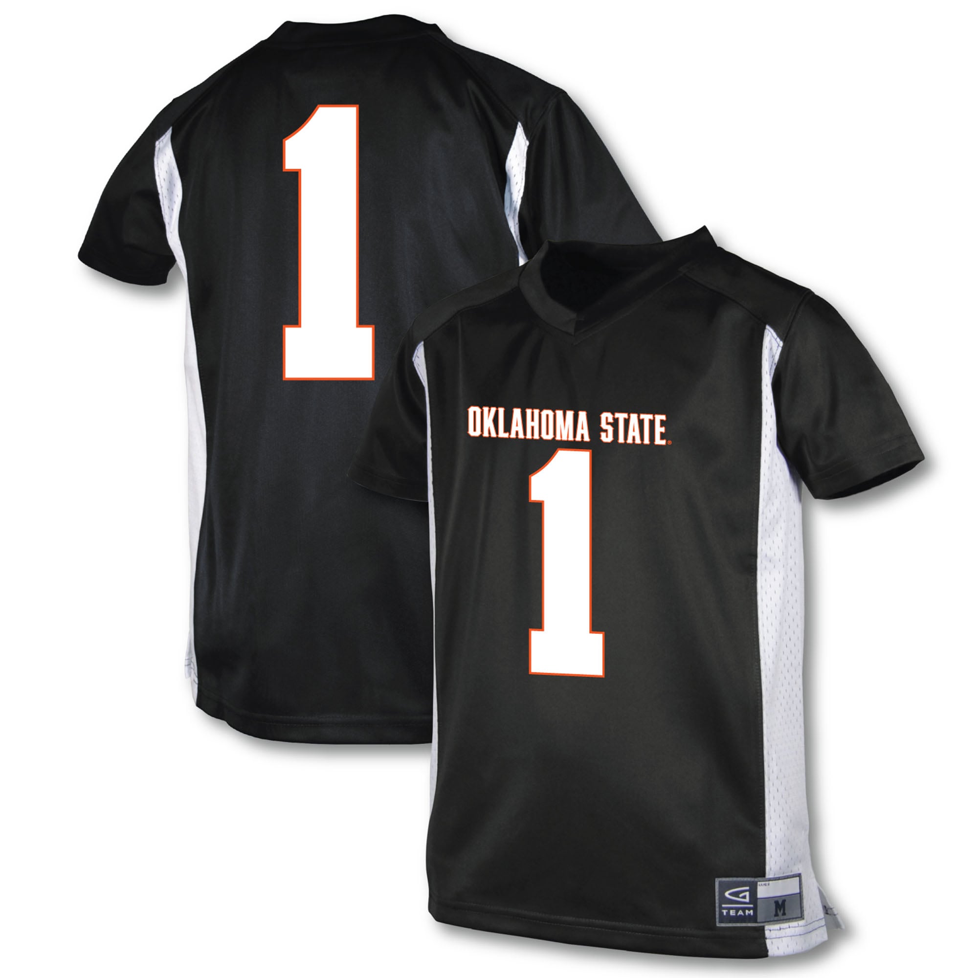 #1 Oklahoma State Cowboys Youth Football Jersey Black - front and back view