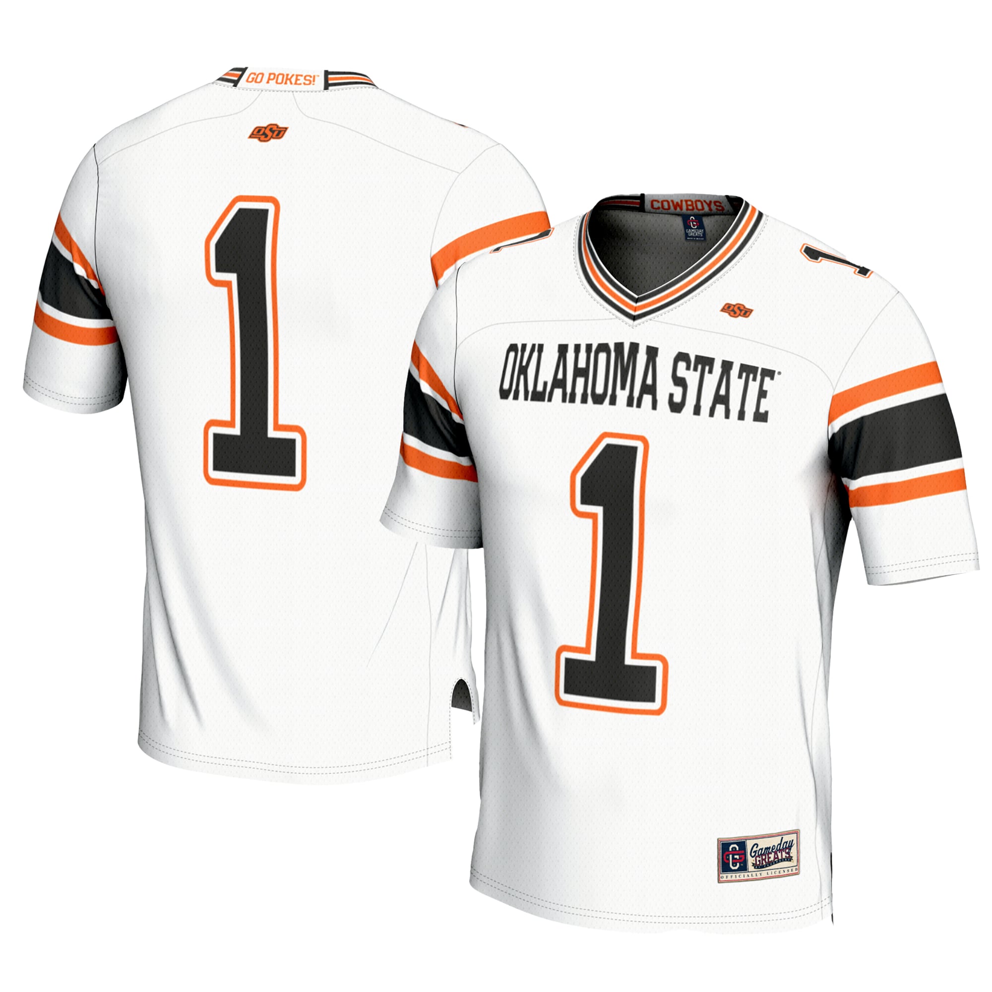 #1 Oklahoma State Cowboys Youth Football Jersey White - front and back view