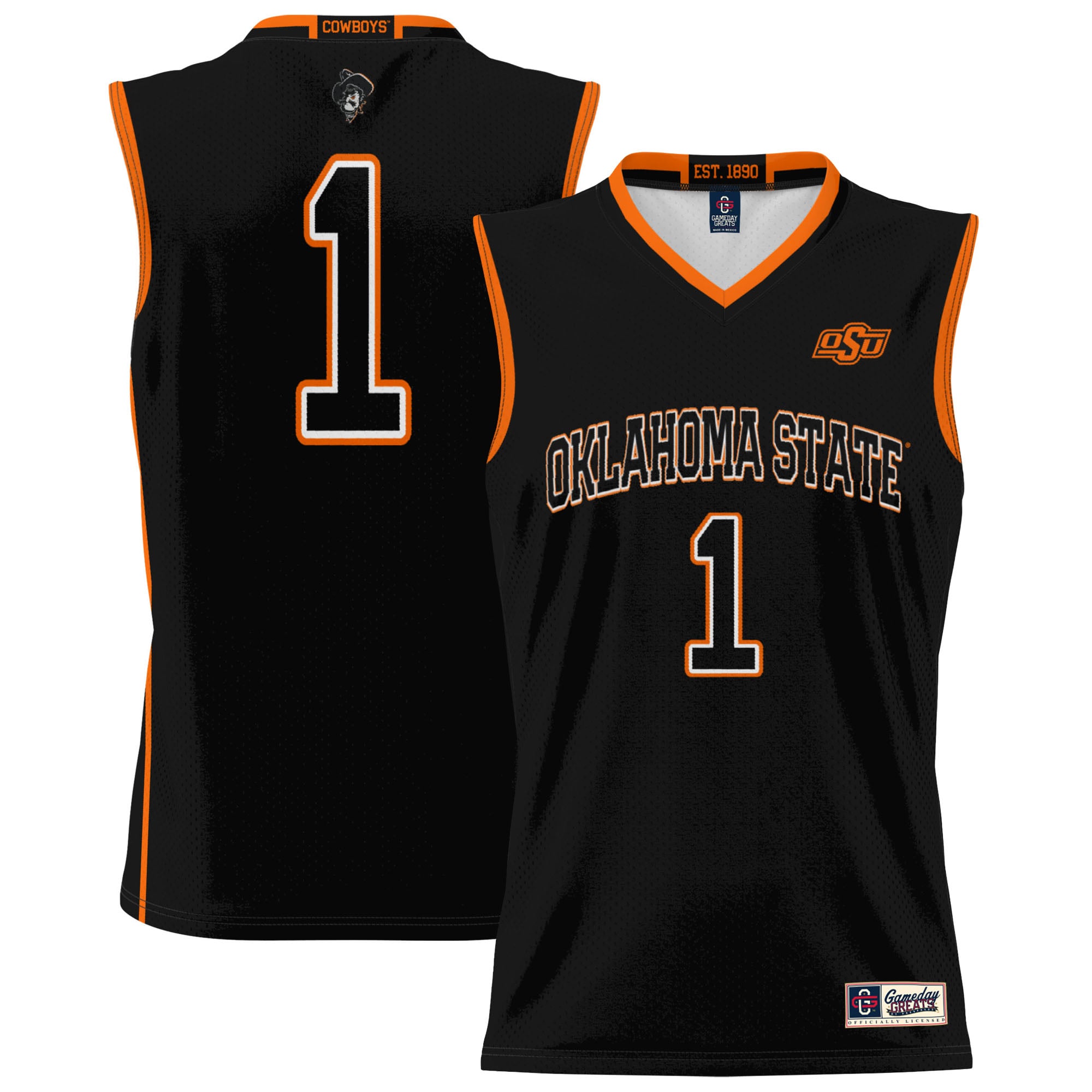 #1 Oklahoma State Cowboys Youth Lightweight Basketball Jersey Black - front and back view