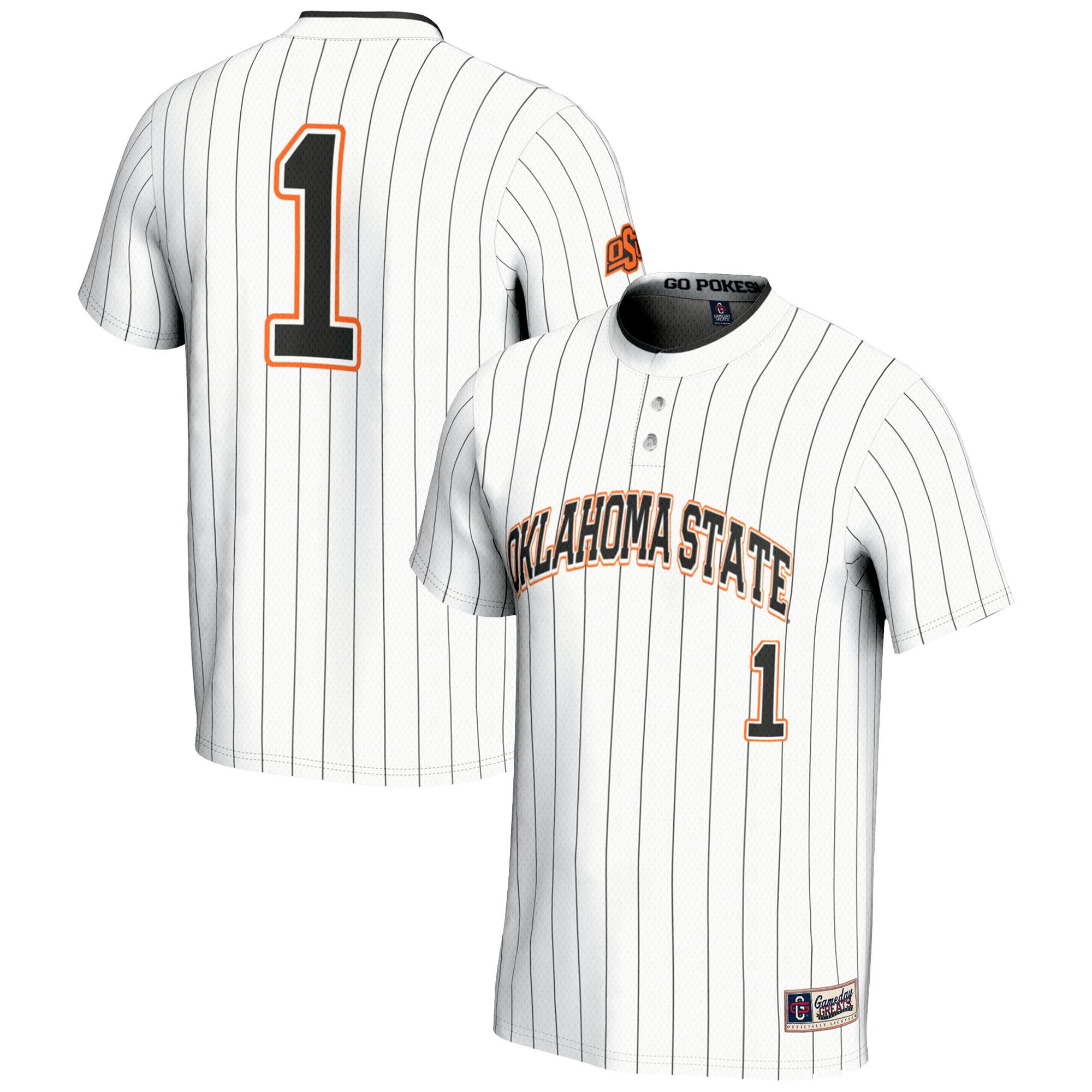 #1 Oklahoma State Cowboys Youth Lightweight Softball Jersey White - front and back view