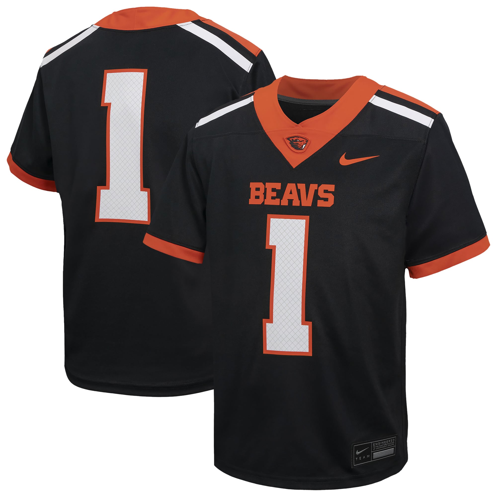 #1 Oregon State Beavers Youth Football Jersey Black - front and back view