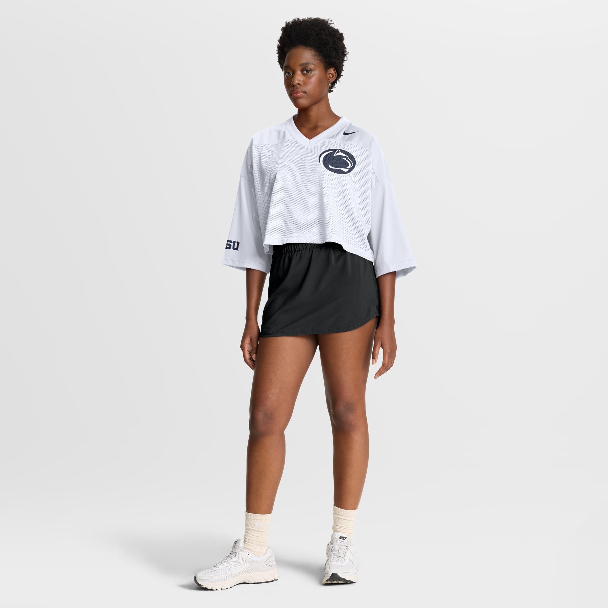 Penn State Nittany Lions Women's Cropped Mesh Fashion Jersey White - model side view
