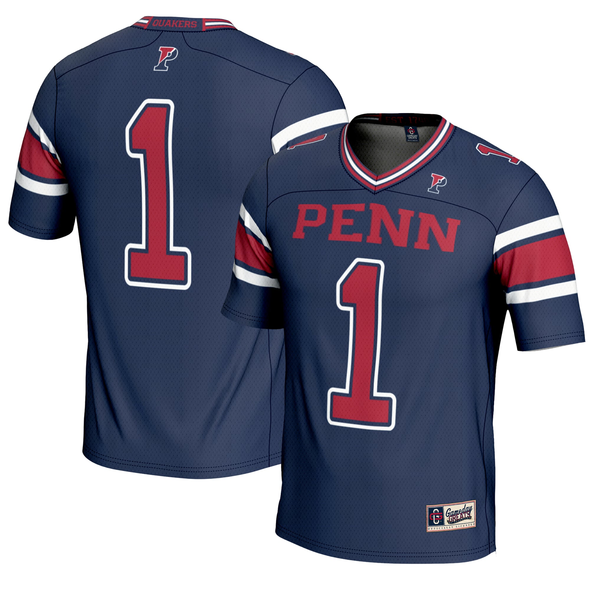 #1 Pennsylvania Quakers Endzone Football Jersey Navy - front and back view