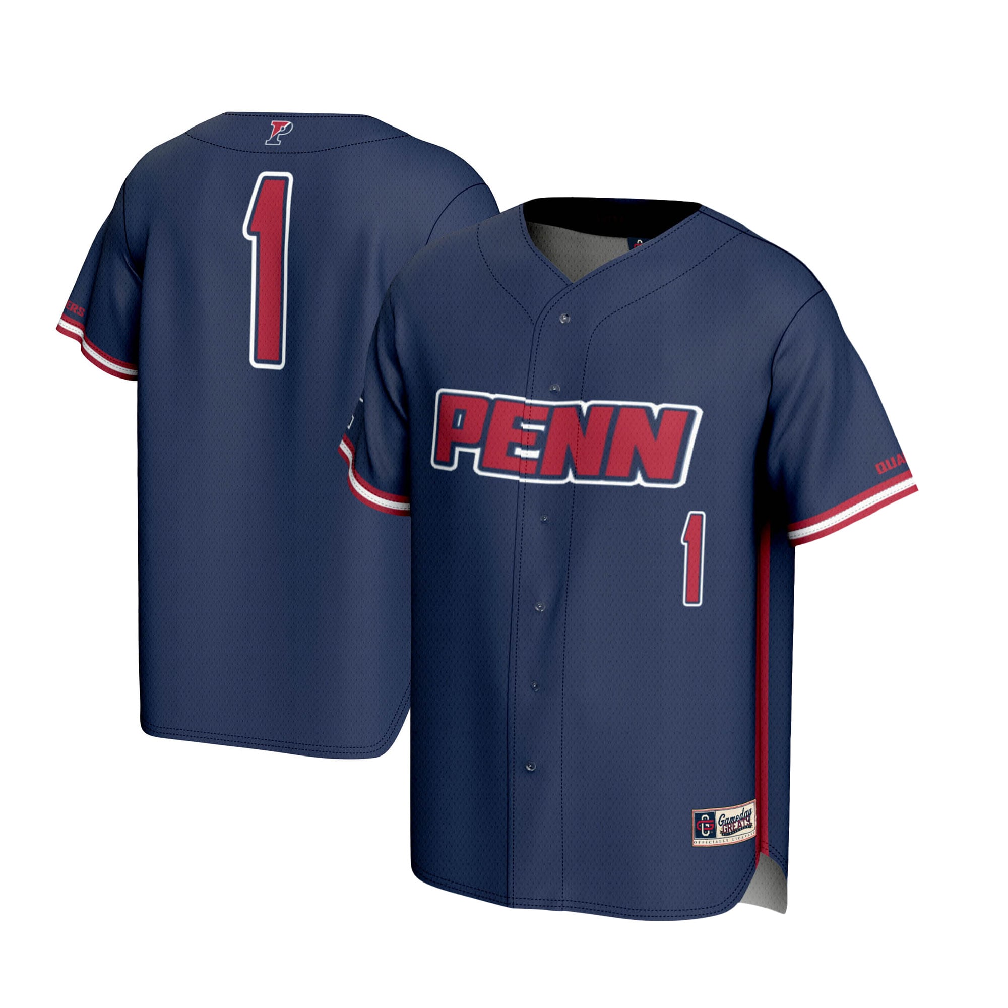 #1 Pennsylvania Quakers Youth Lightweight Baseball Jersey Navy - front and back view
