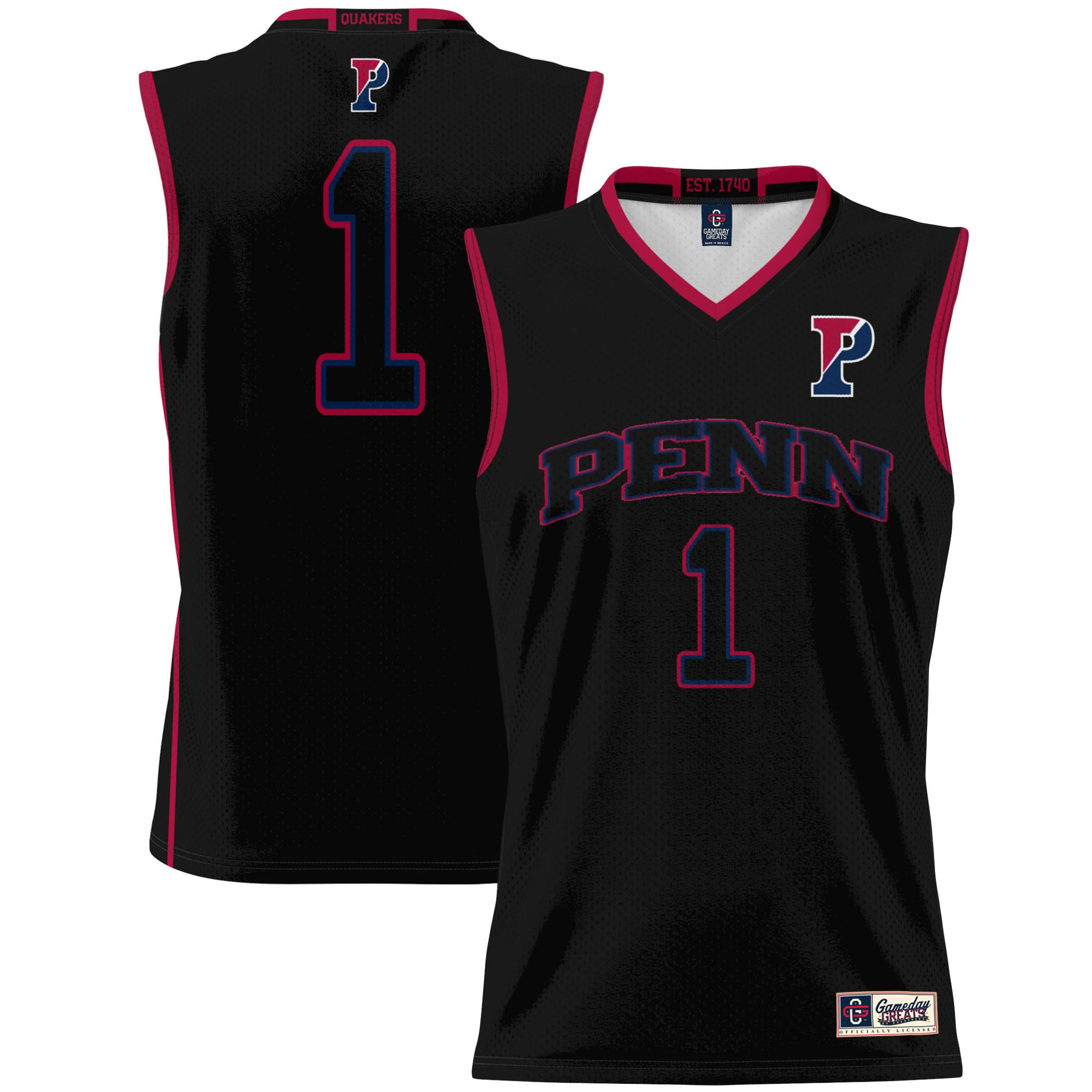 #1 Pennsylvania Quakers Unisex Lightweight Basketball Jersey Black - front and back view