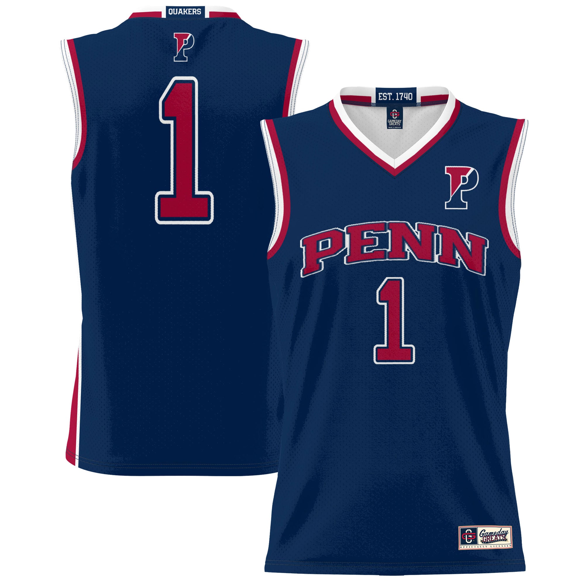 #1 Pennsylvania Quakers Unisex Lightweight Basketball Jersey Navy - front and back view