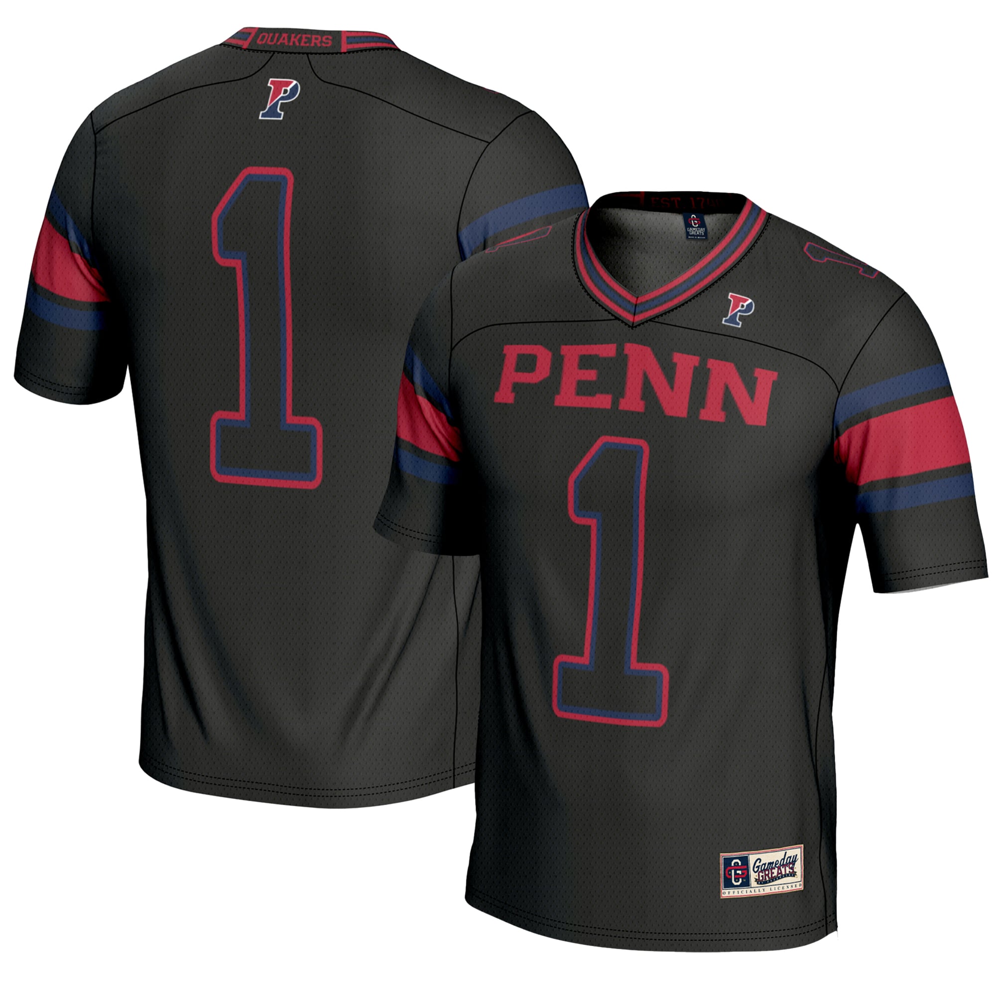 #1 Pennsylvania Quakers Youth Endzone Football Jersey Black - front and back view