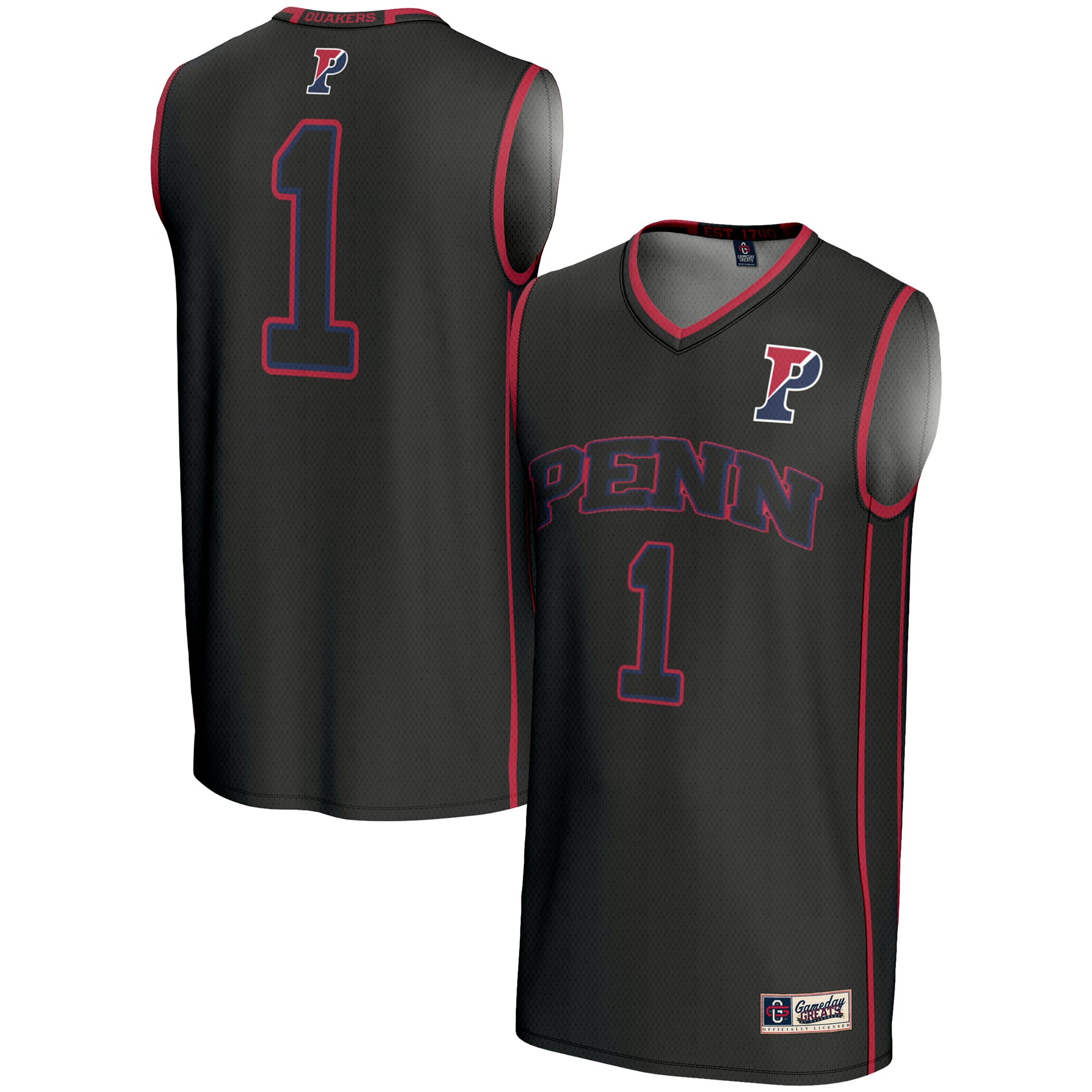 #1 Pennsylvania Quakers Youth Lightweight Basketball Jersey Black - front and back view