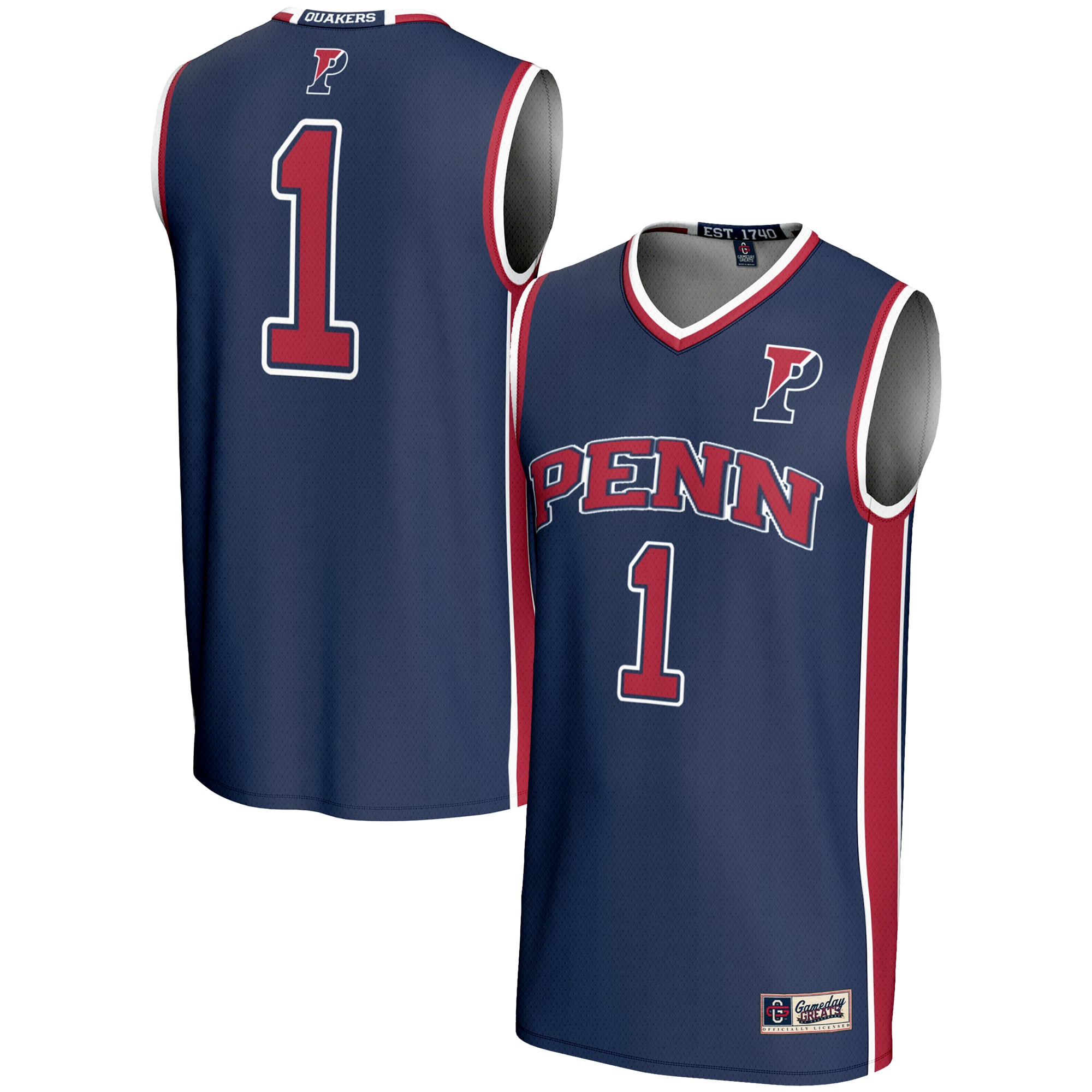 #1 Pennsylvania Quakers Youth Lightweight Basketball Jersey Navy - front and back view