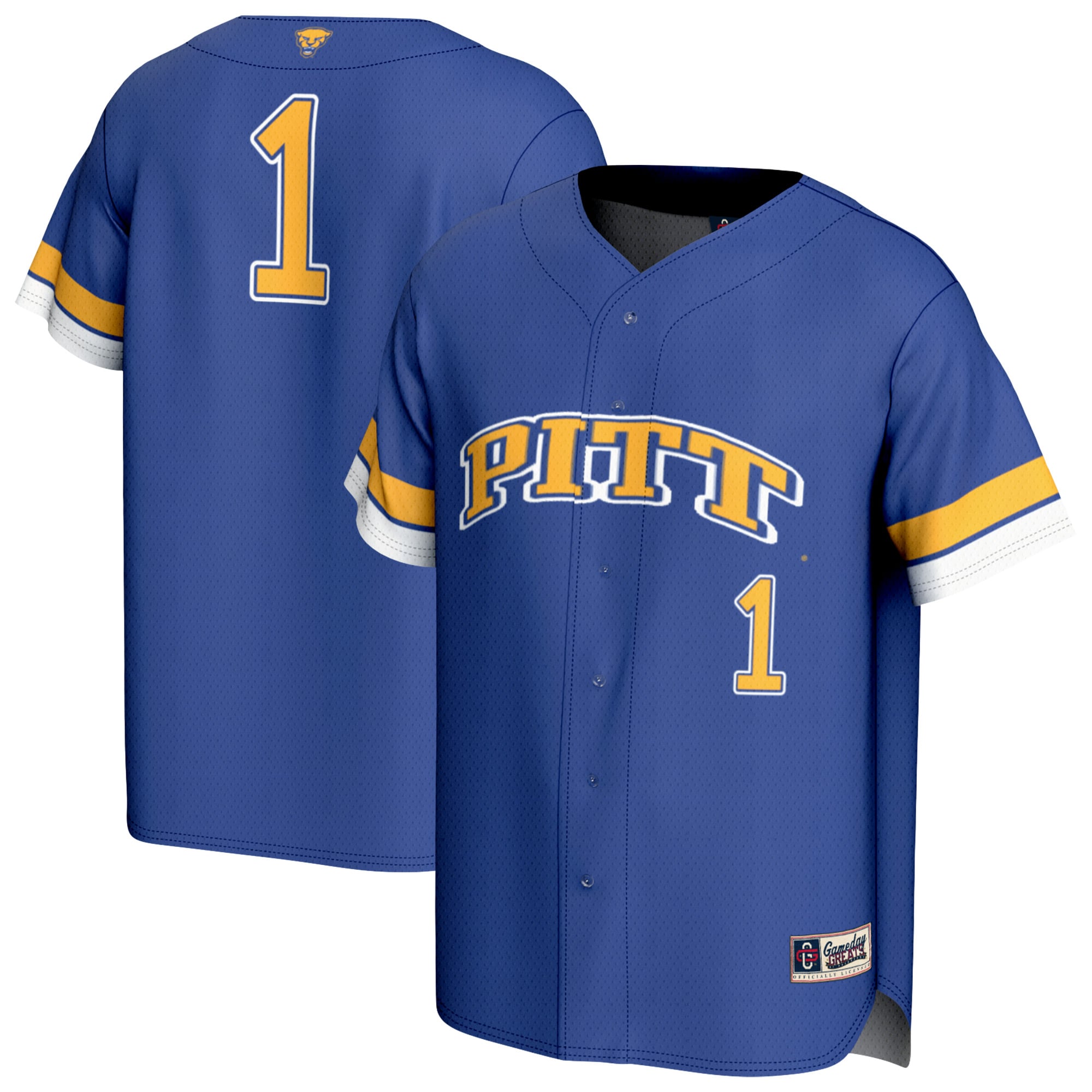 #1 Pitt Panthers Unisex Lightweight Collegiate Baseball Fashion Jersey Royal - front and back view