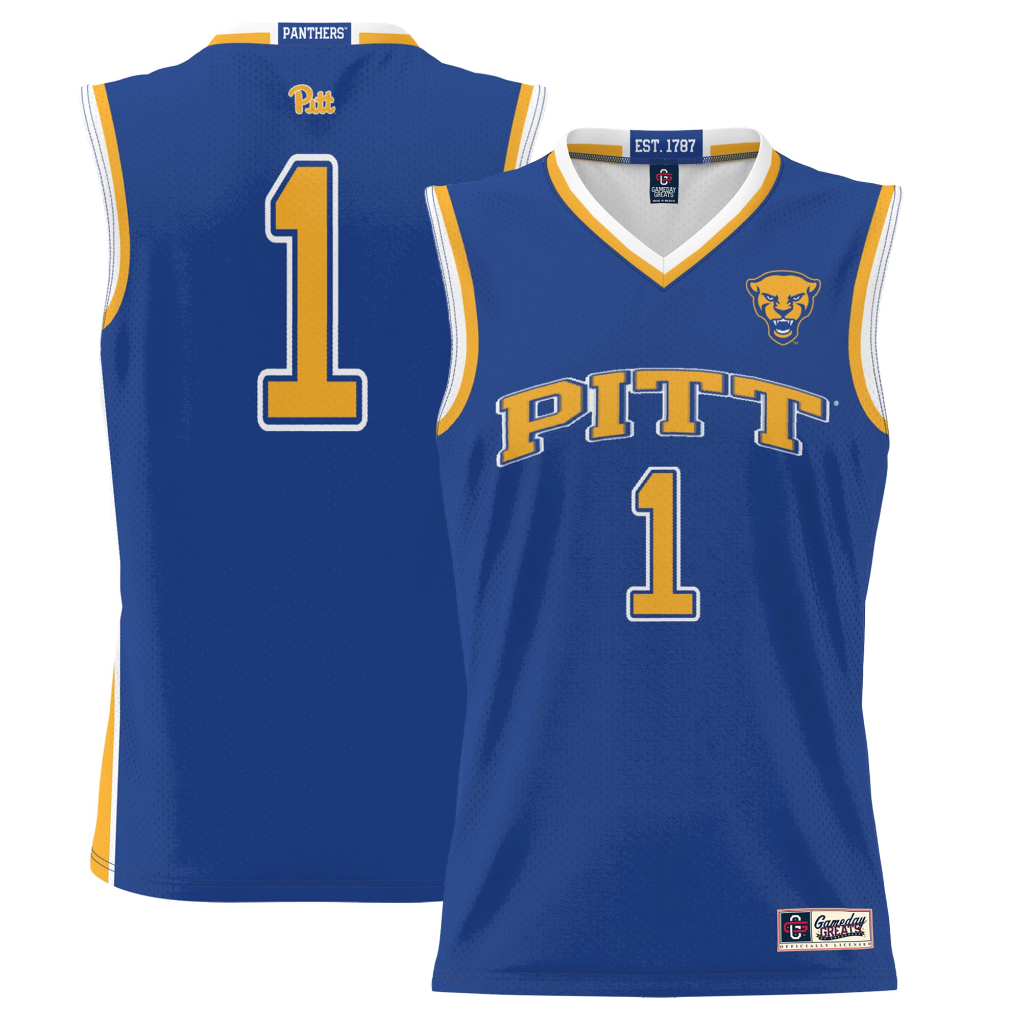 #1 Pitt Panthers Youth Lightweight Basketball Jersey Royal - front and back view