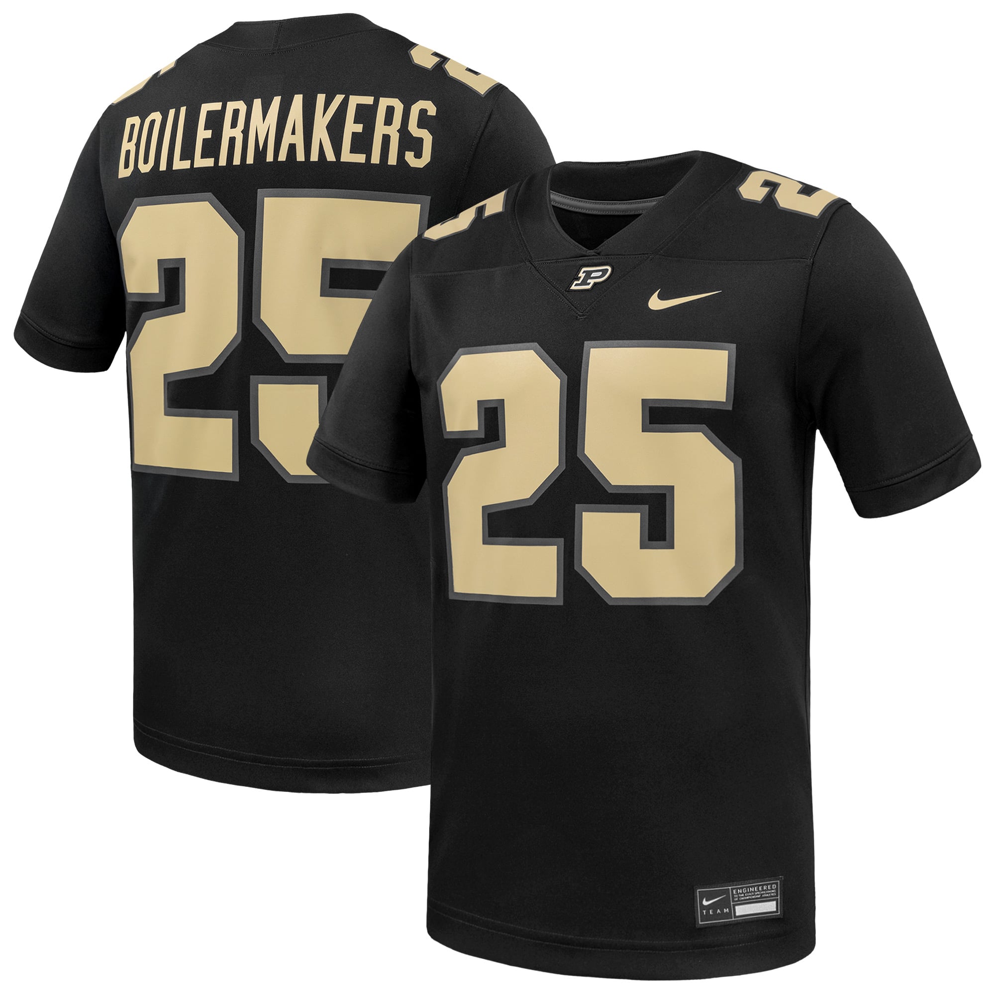 #25 Purdue Boilermakers Alternate Football Jersey Black - front and back view