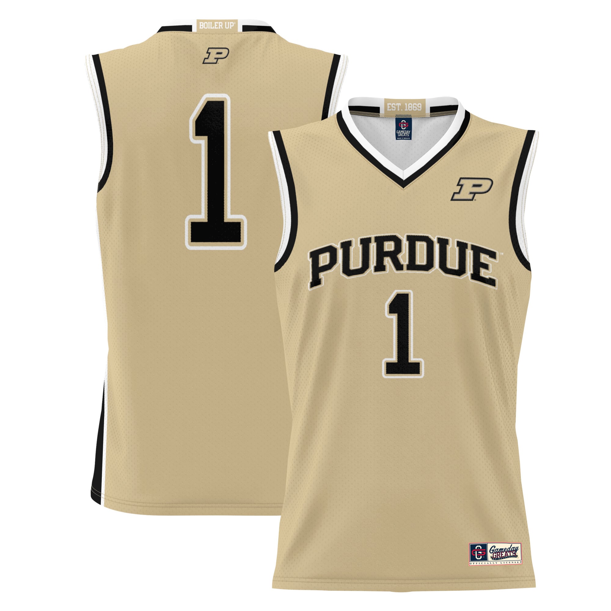 #1 Purdue Boilermakers Youth Lightweight Basketball Jersey Gold - front and back view