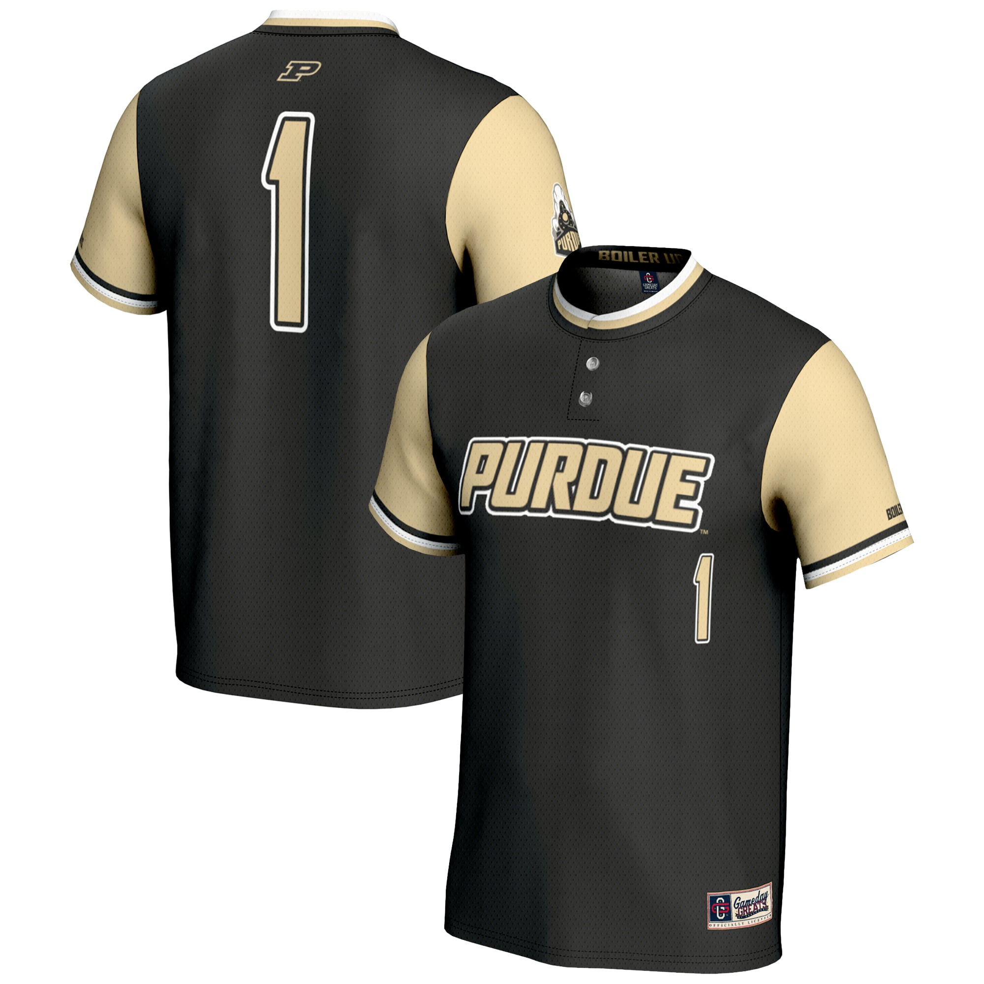 #1 Purdue Boilermakers Youth Lightweight Softball Jersey Gold - front and back view