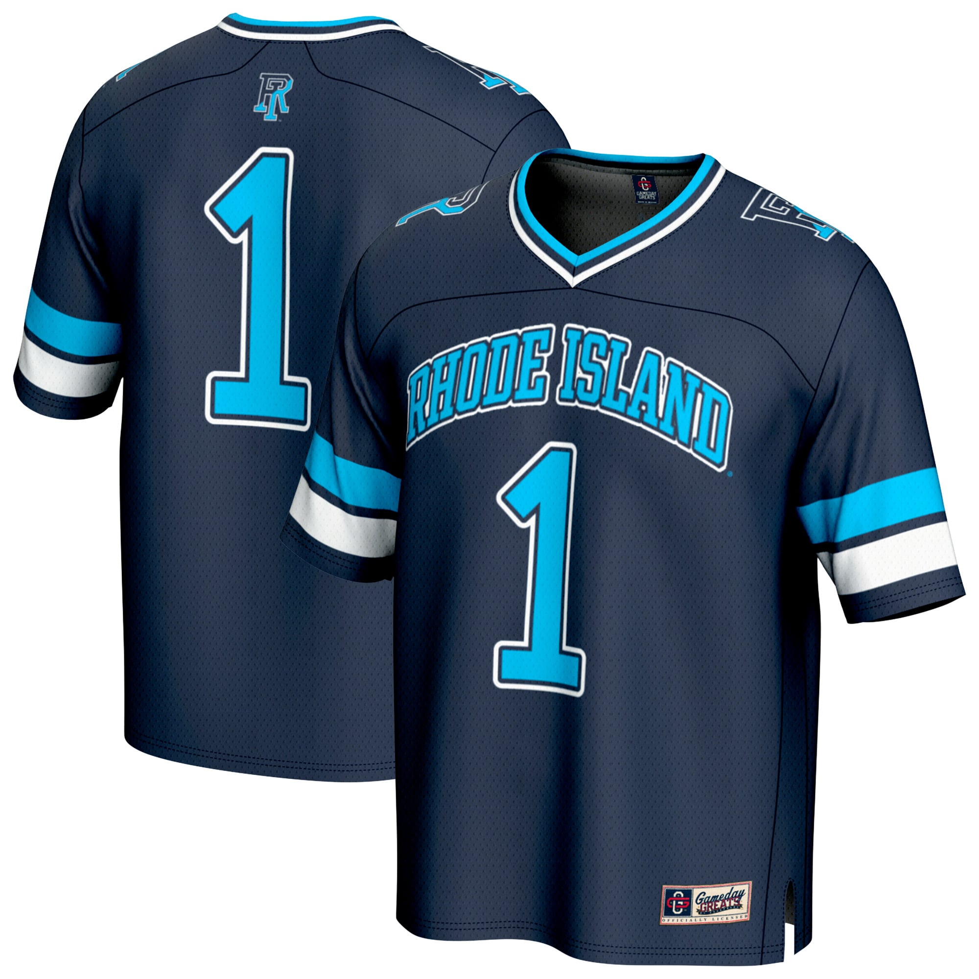 #1 Rhode Island Rams Youth Football Fashion Jersey Navy - front and back view