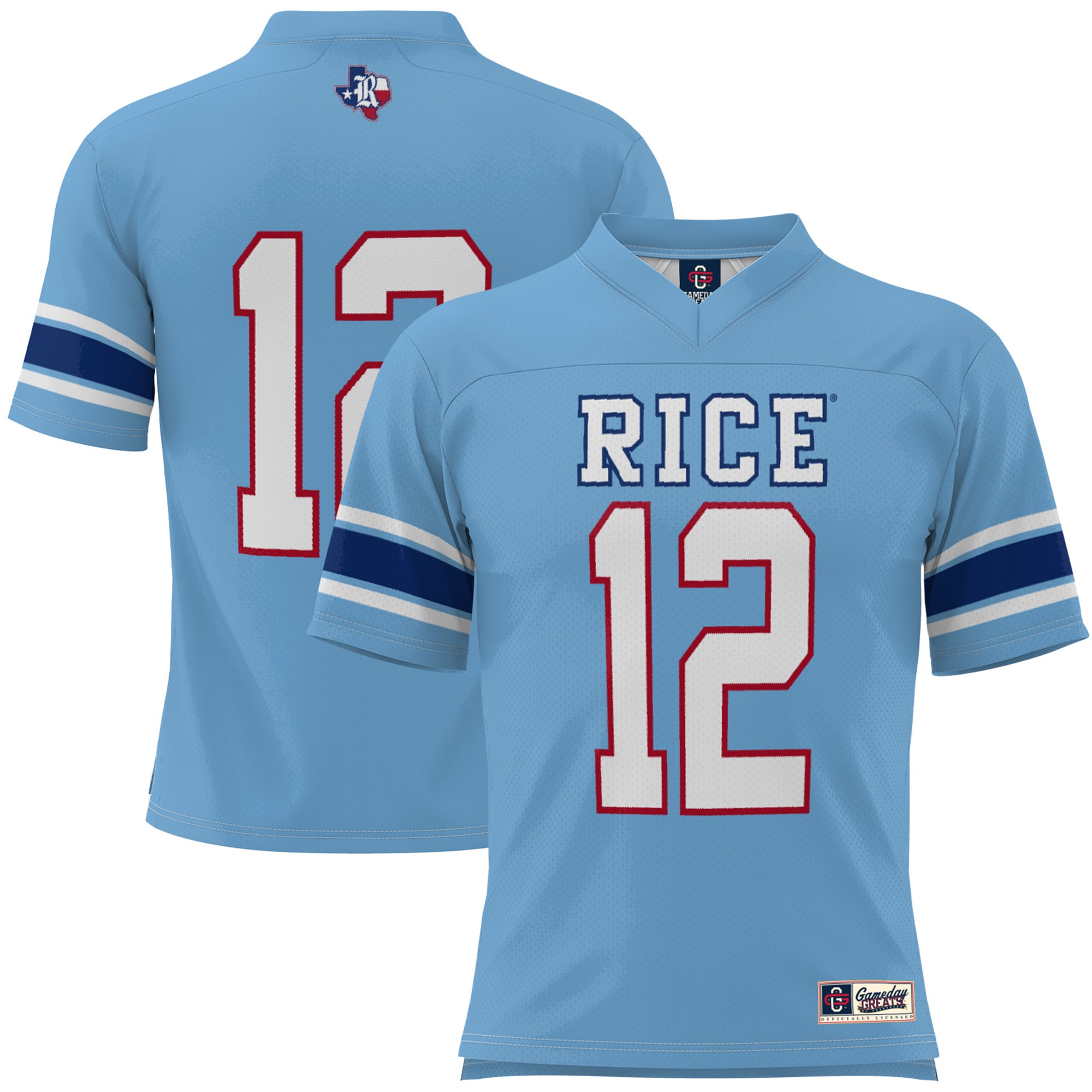 #1 Rice Owls Youth Football Jersey Light Blue - front and back view